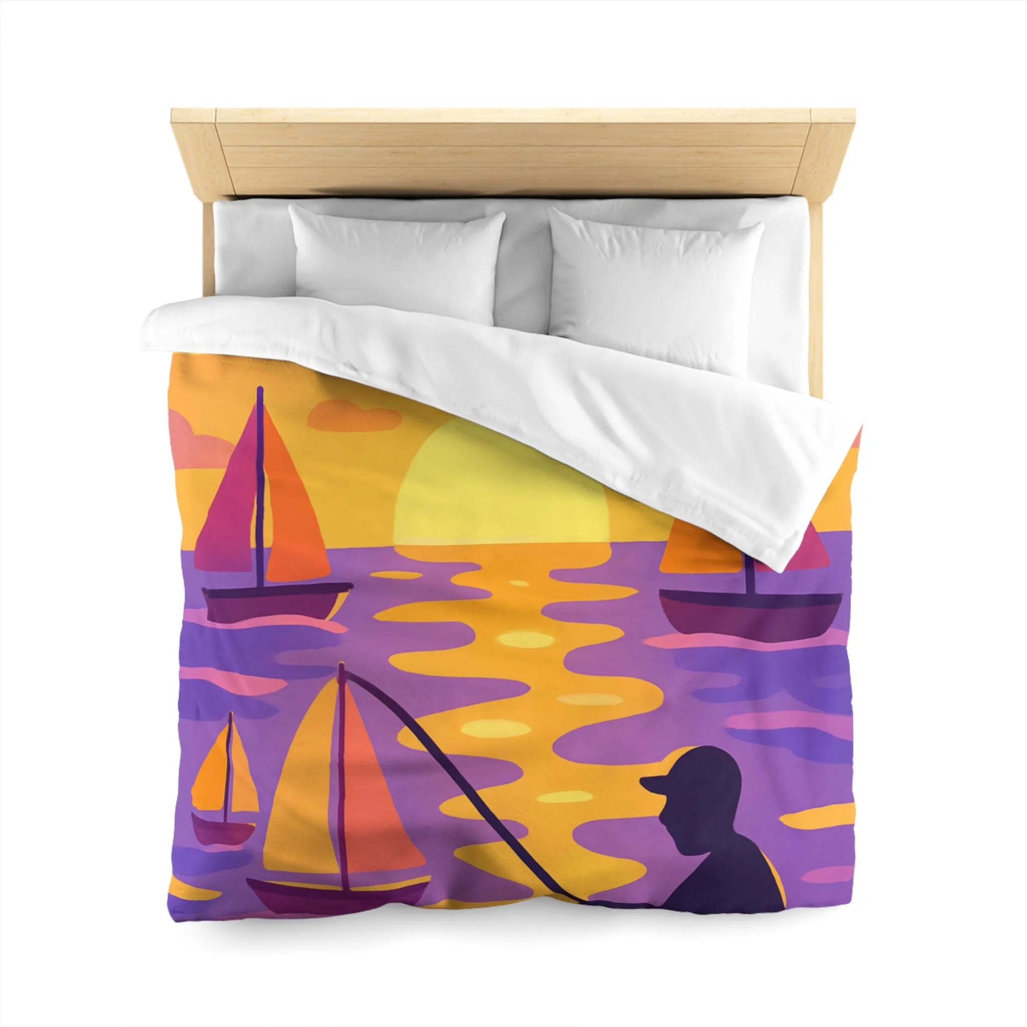 Housse de couette colorée avec voiliers et coucher de soleil magnifique au bord de l'eau