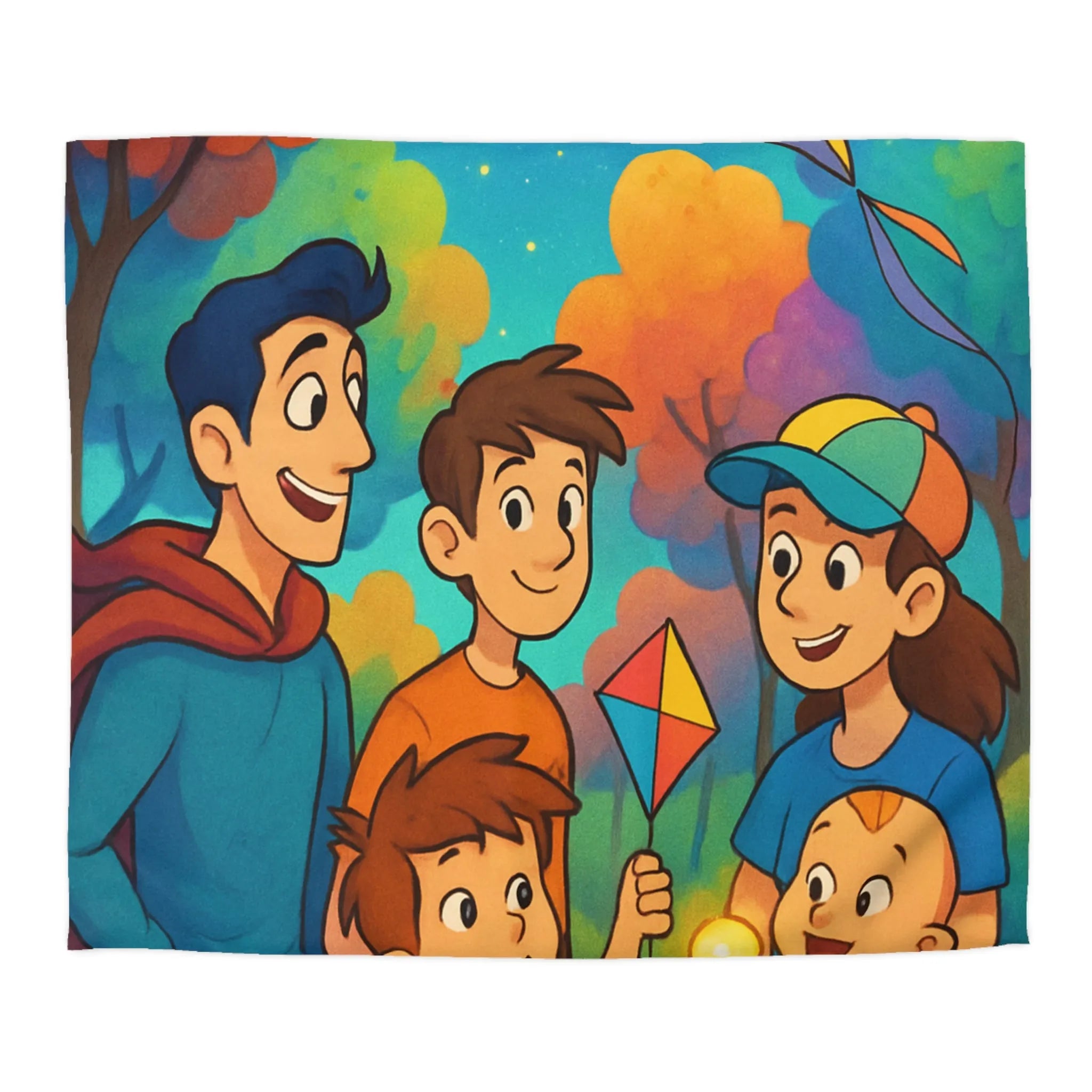 Housse de Couette Enfantine avec Cerfs-Volants et Ciel Étoilé dans Forêt Colorée