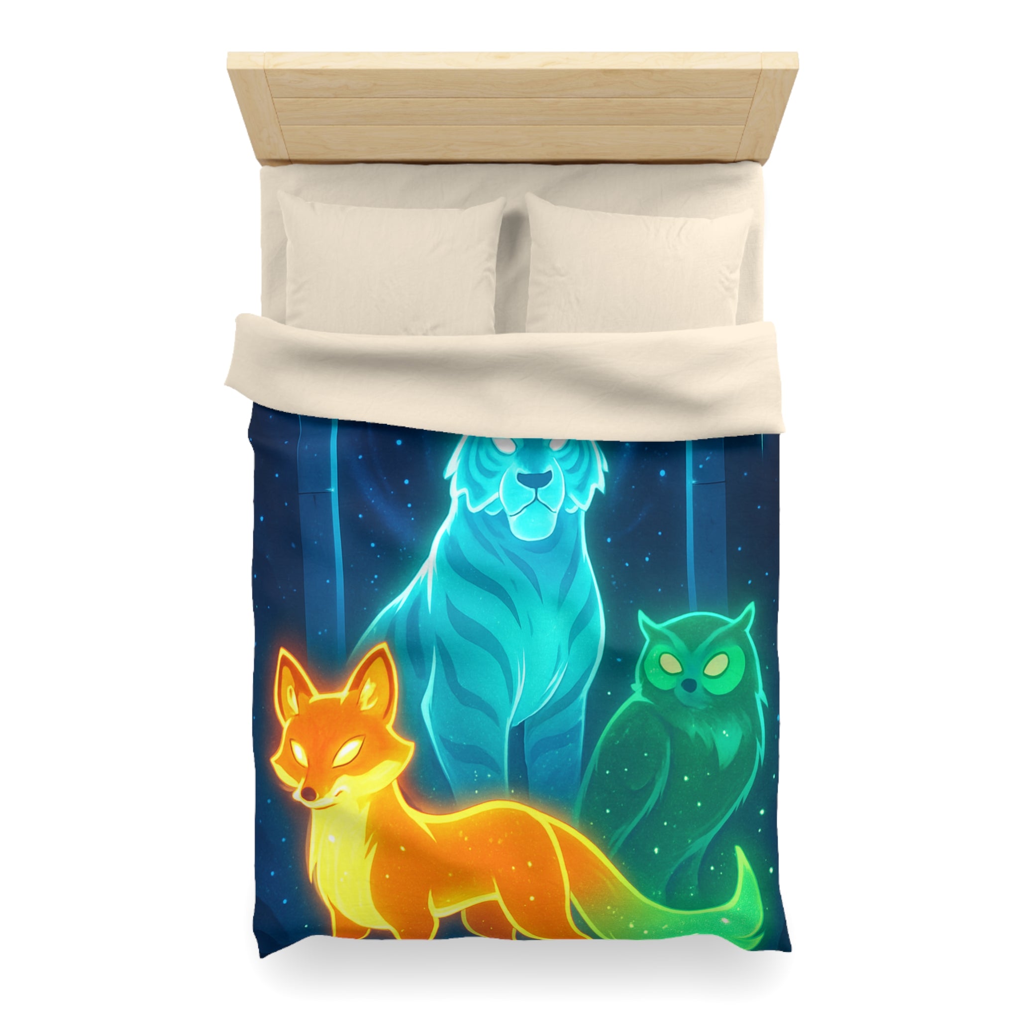 Mystérieuse housse de couette avec renard orange, tigre bleu, et hibou lumineux