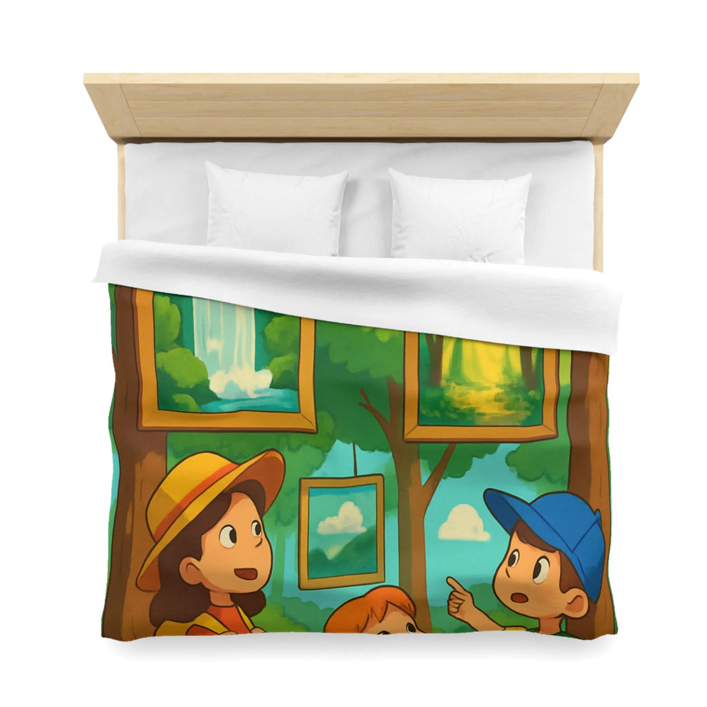 Housse de couette enfantine avec scène de forêt, cascades et exploration nature féérique