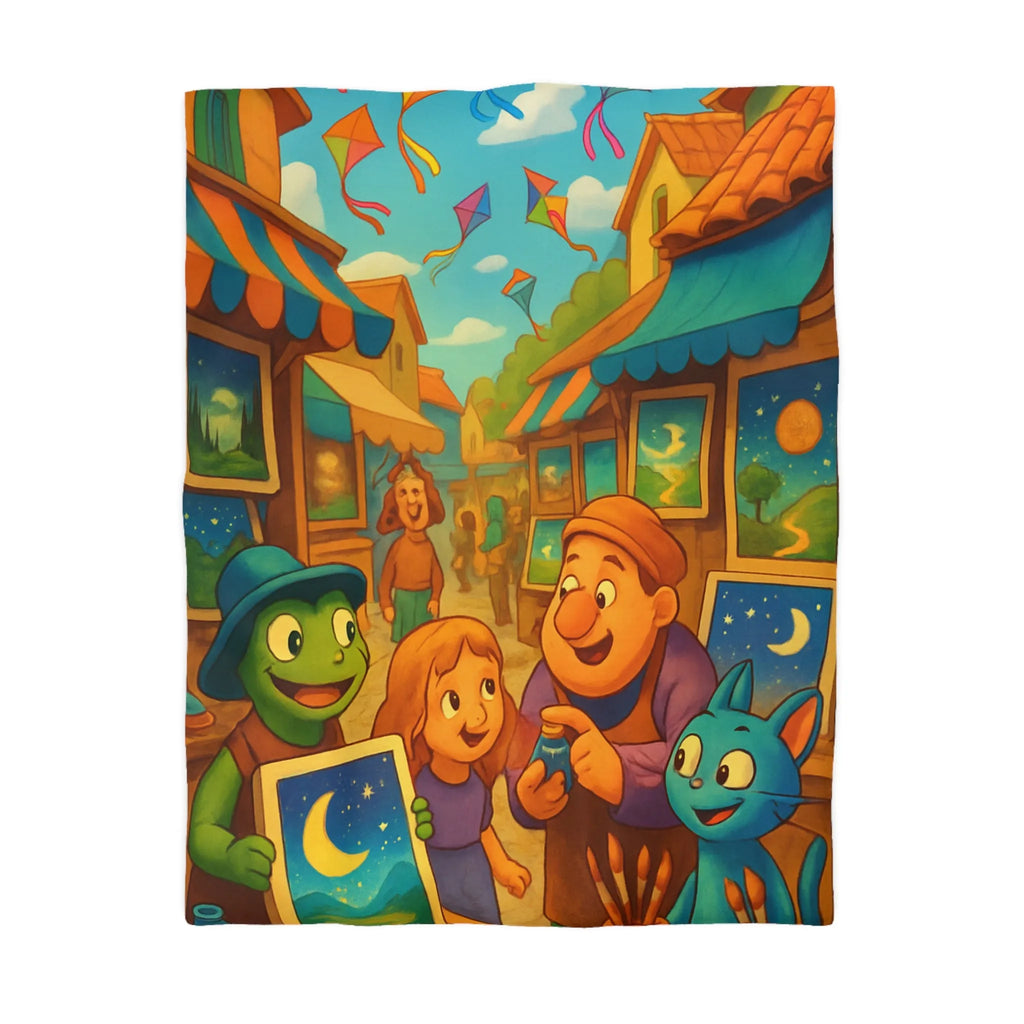 Housse de couette colorée avec scène joyeuse de marché et cerfs-volants artistiques