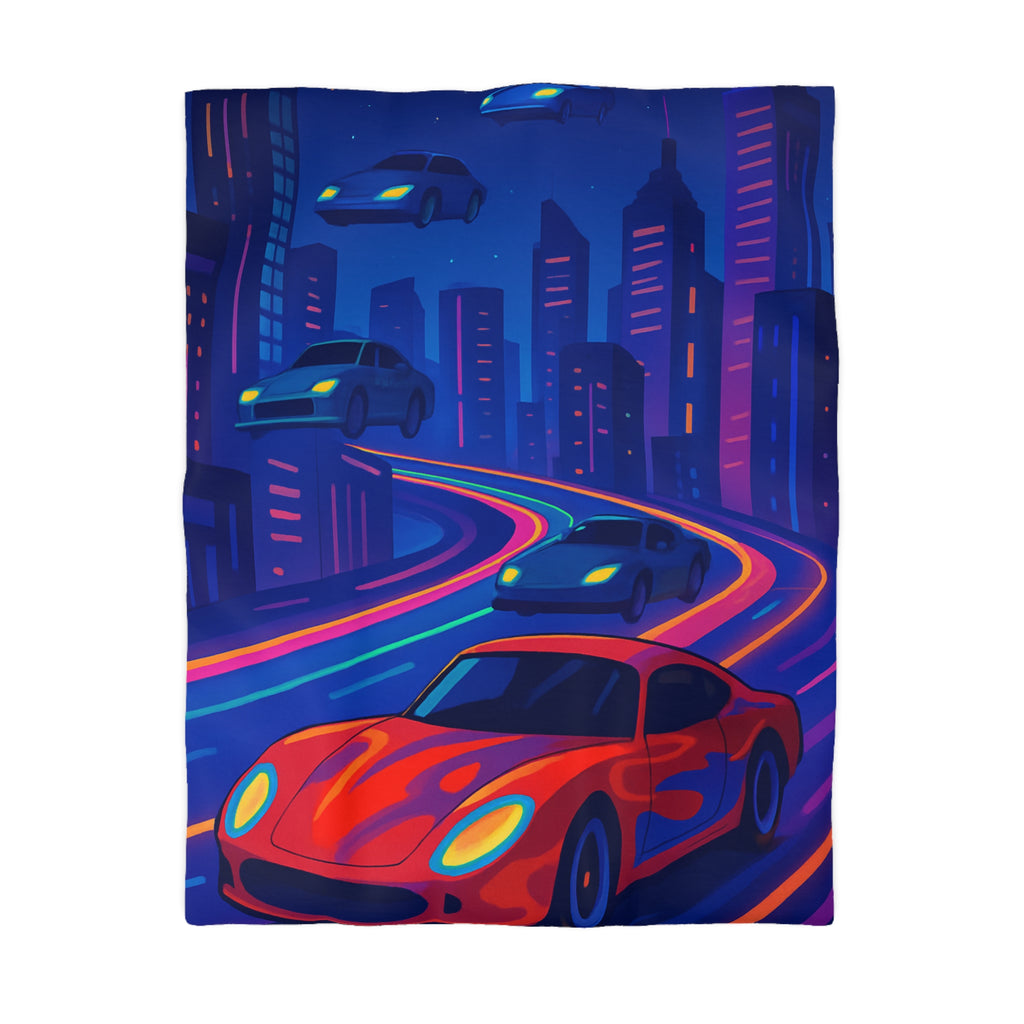 Housse de Couette Ville Futuriste avec Voiture Rouge et Lumières Néon