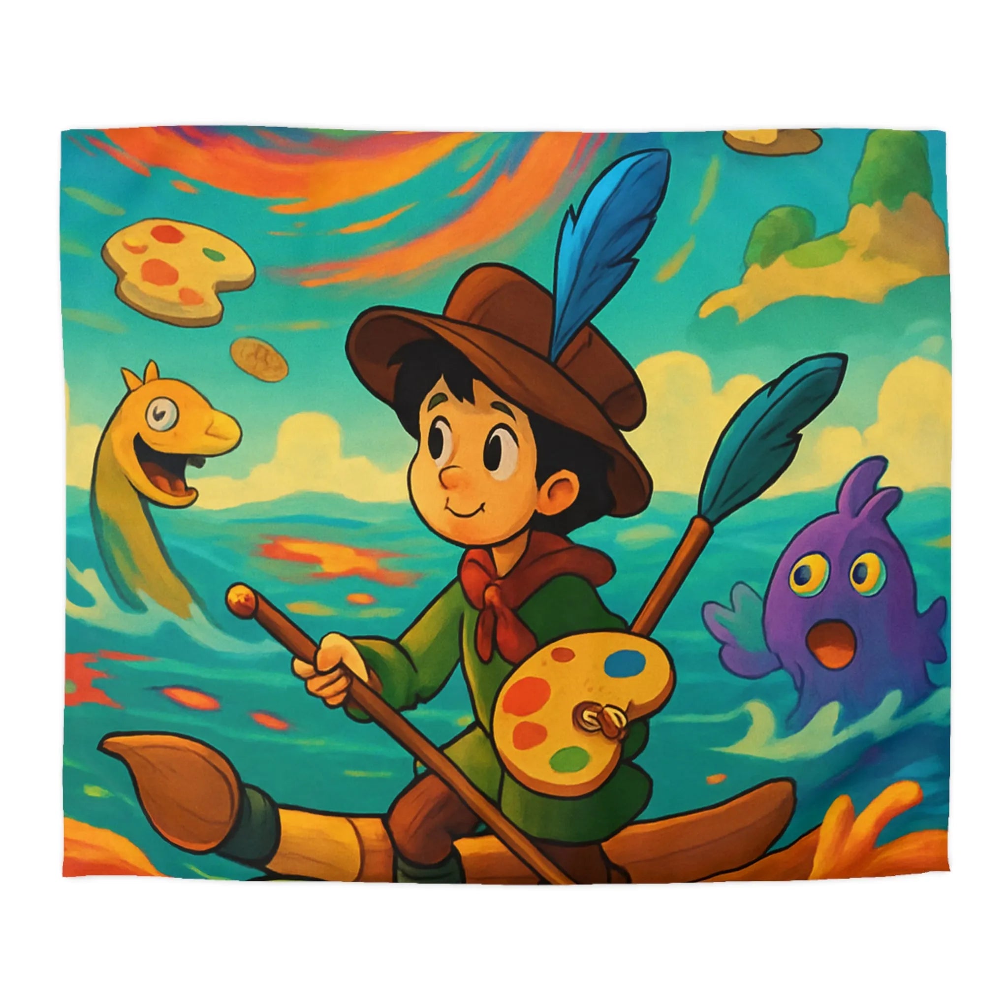 Housse de couette aquarelle enfantine, enfant peignant dans un tourbillon de couleurs vives