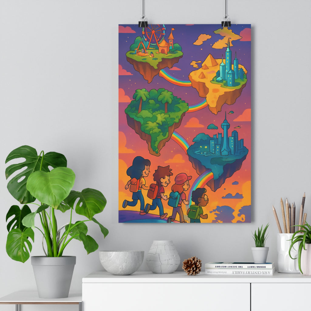 Poster décoratif cartoon aventure magique couleurs vives chambre enfants rêveur îles flottantes imaginaire carte