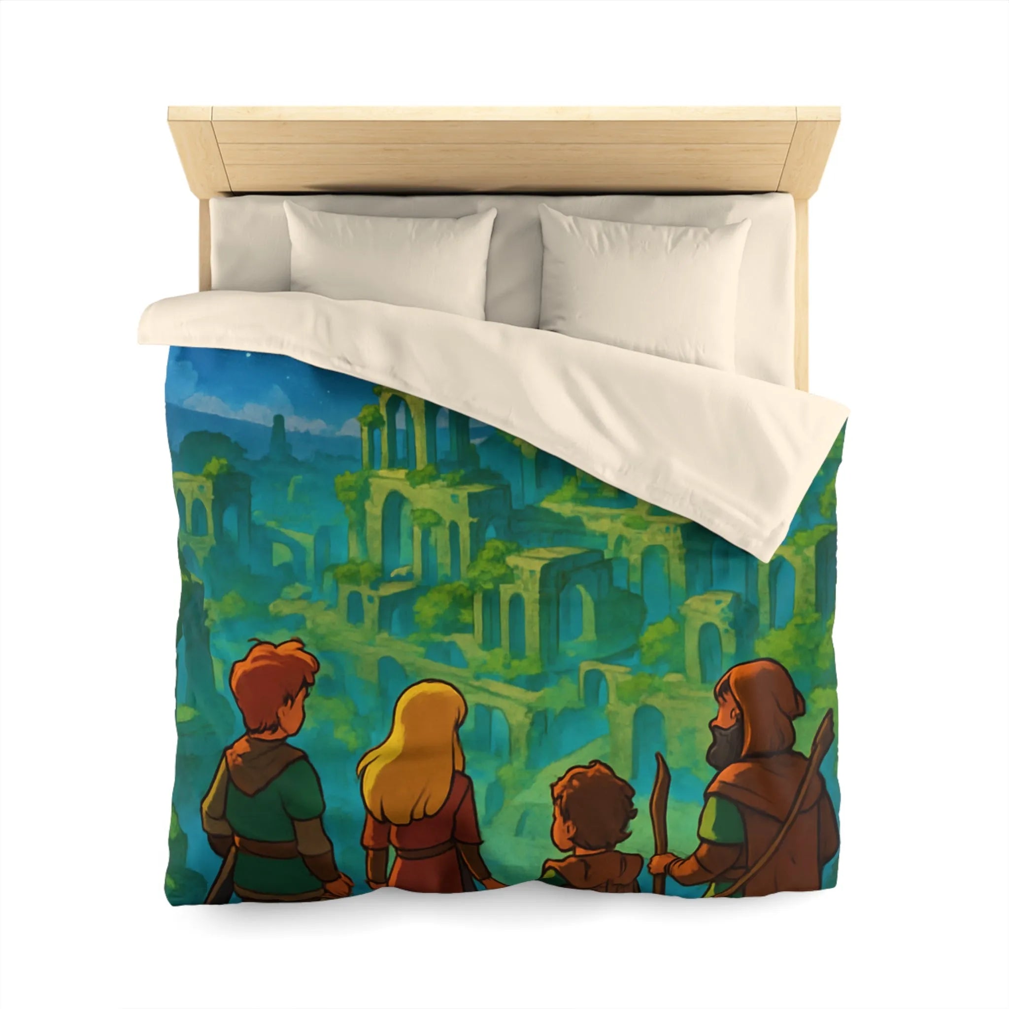 Housse de couette épique aventure héros, ruines magiques sous ciel étoilé lumineux
