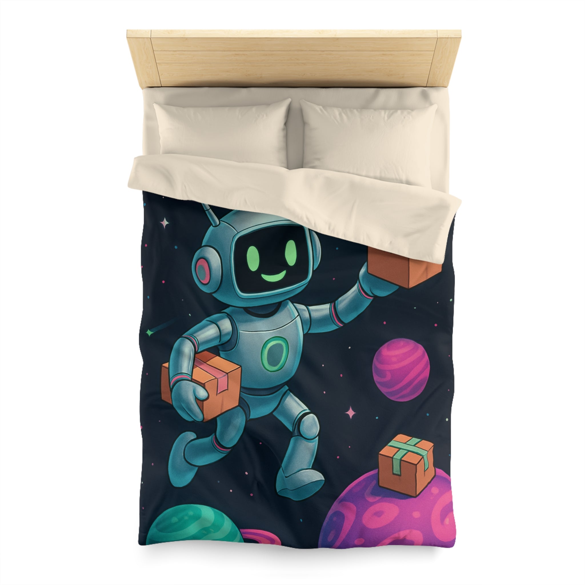 Housse de Couette Spatiale avec Robot Jovial et Planètes Colorées pour Enfants