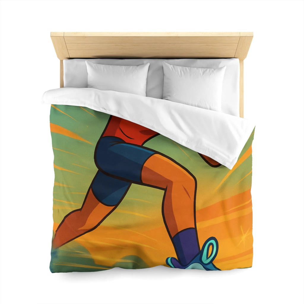 Housse de couette dynamique coureur stylisé accélérant sur fond d’énergie vibrante
