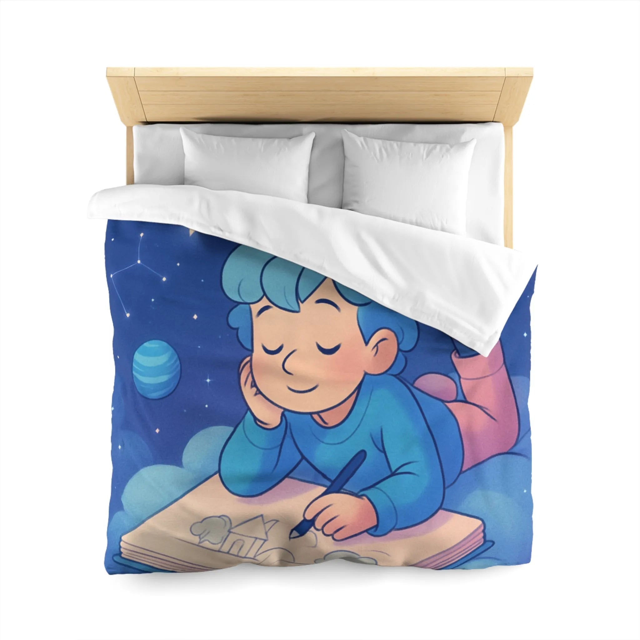 Housse de couette enfant rêve étoilé avec cosmos et garçon sur nuage