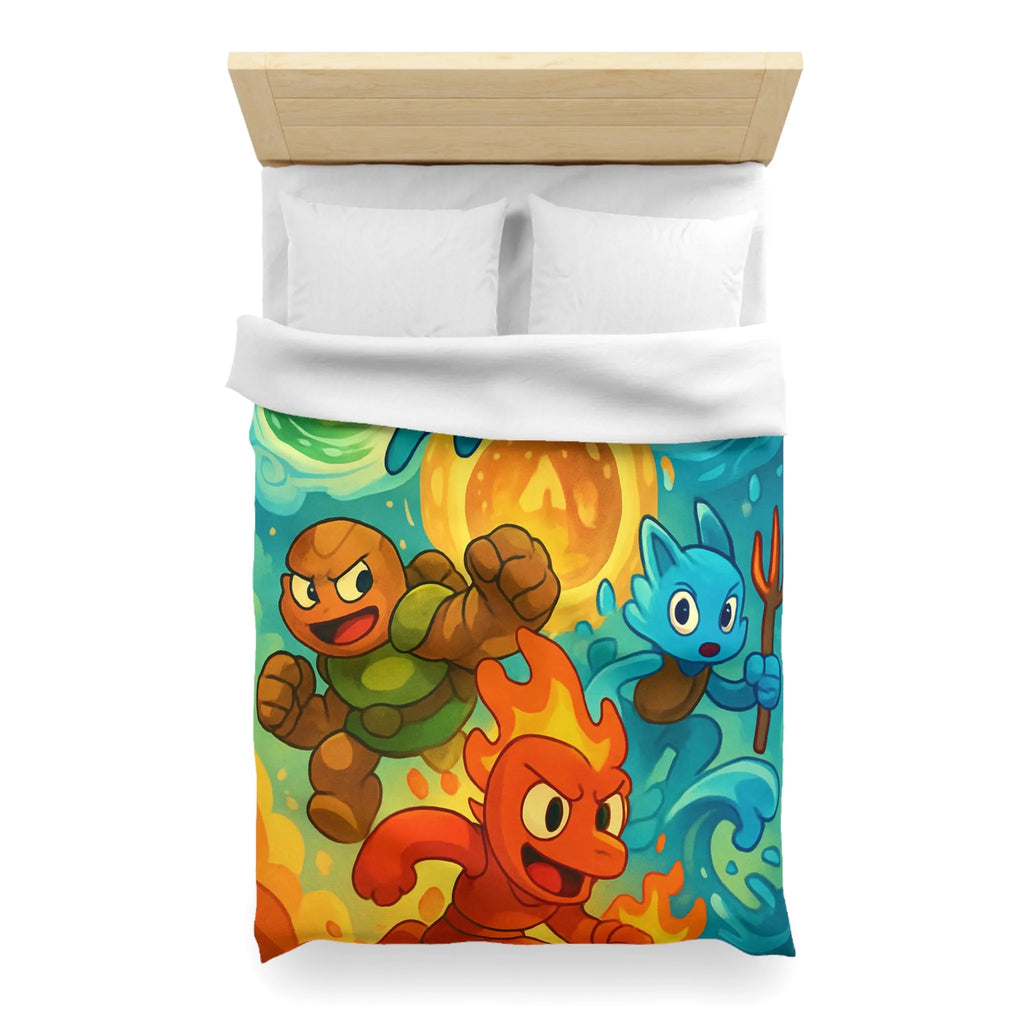 Housse de couette colorée avec motif de personnages d'éléments dans style aventure fantastique