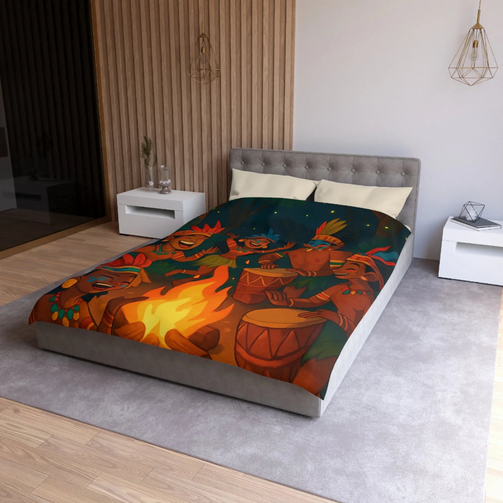 Housse de couette colorée avec illustration de danse tribale autour d'un feu de camp