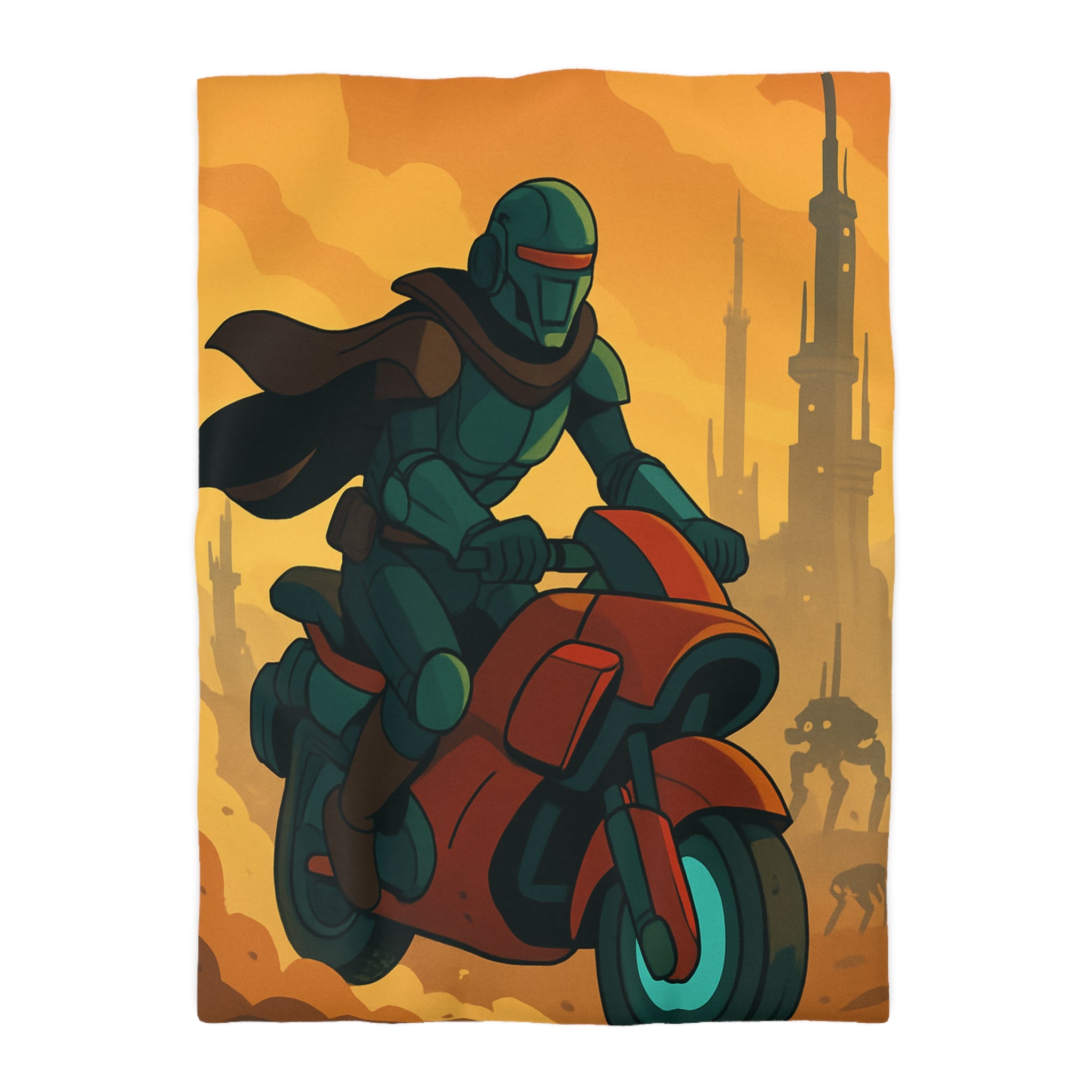 Housse de couette moto futuriste avec pilote en armure et paysage urbain orange