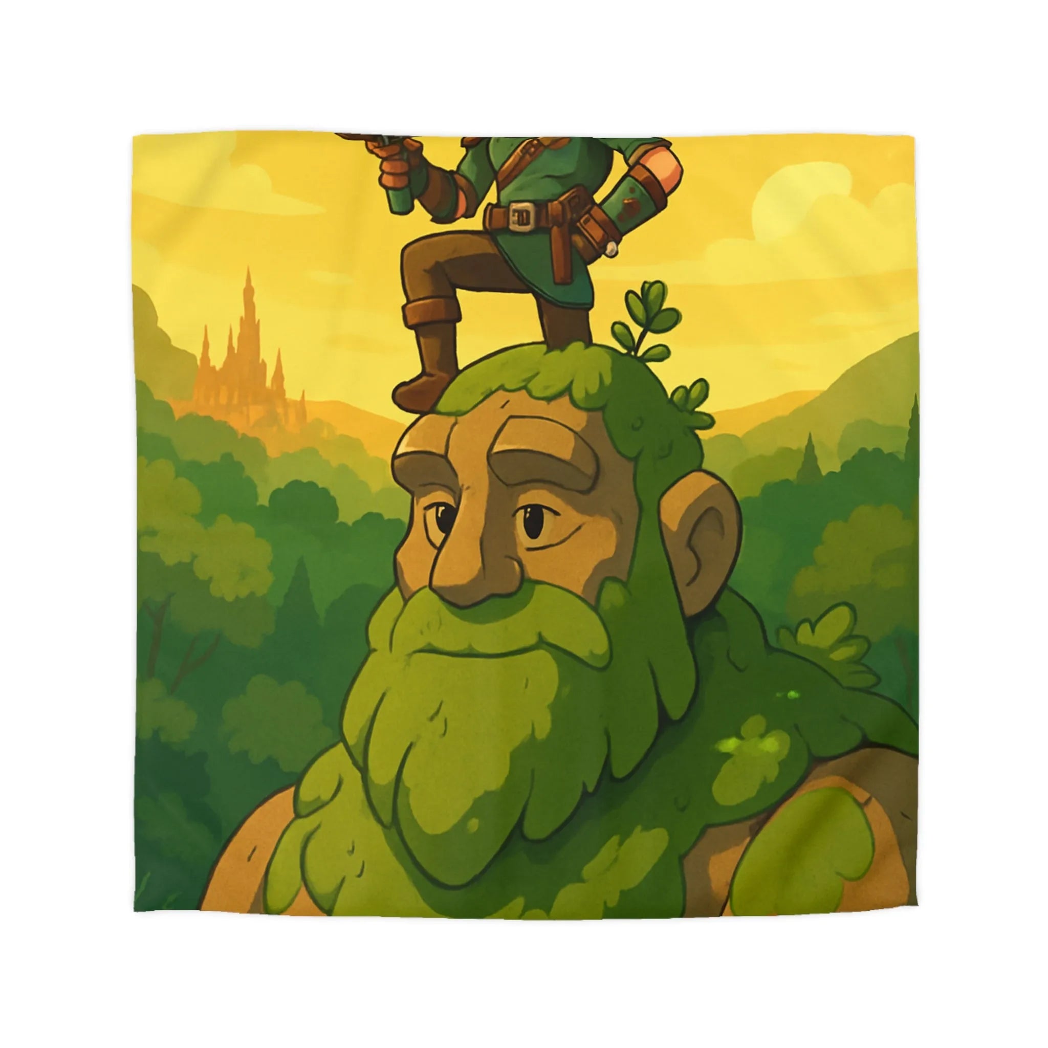 Housse de couette avec aventurier et géant de pierre, tons verts et jaunes