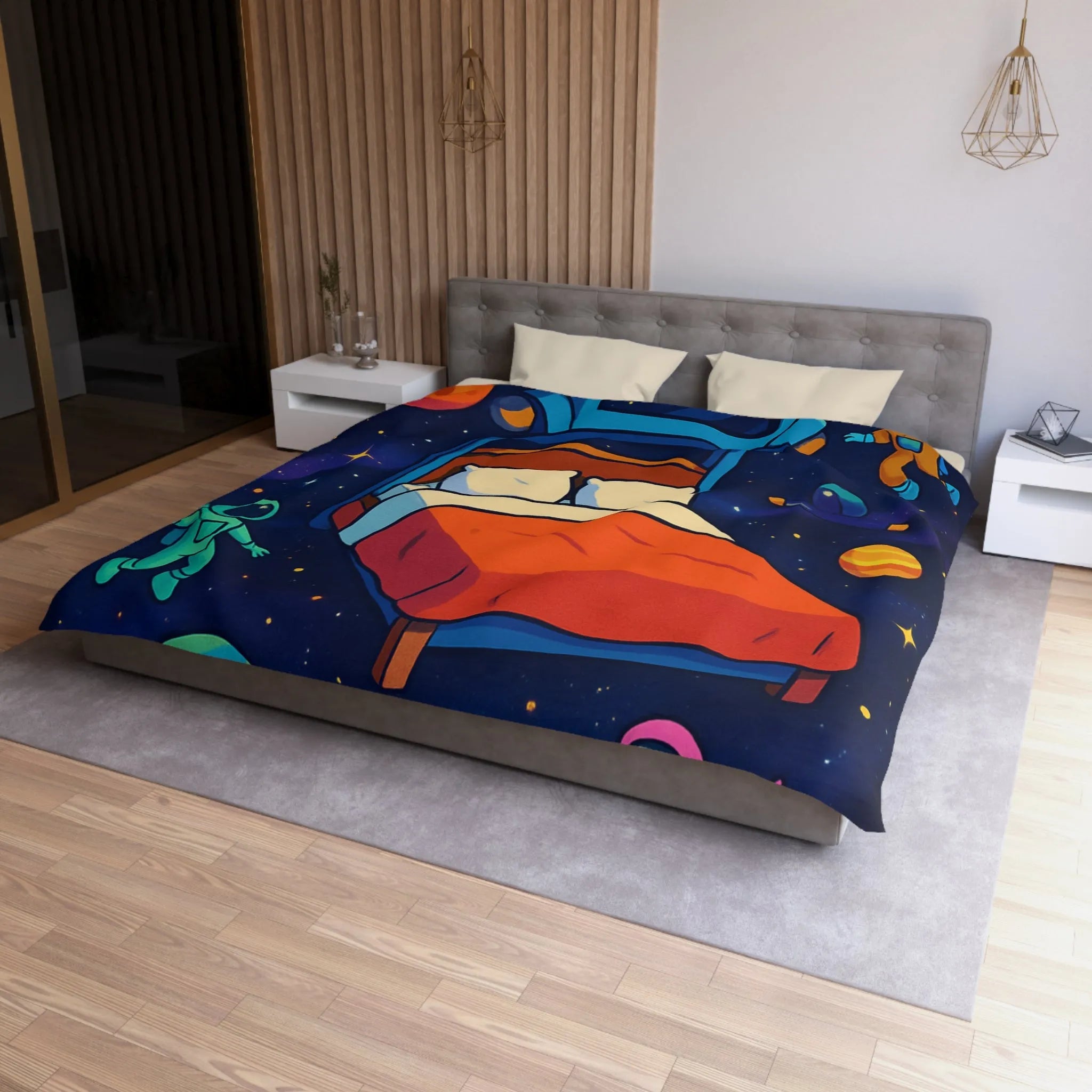 Housse de couette galaxies vibrantes avec astronautes flottants et planètes colorées pour enfants