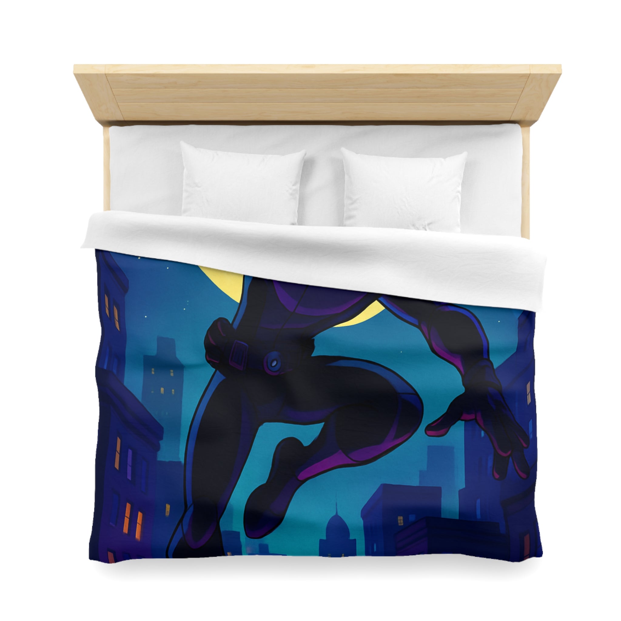 Housse de couette super-héros noir sautant devant une pleine lune et des drones urbains