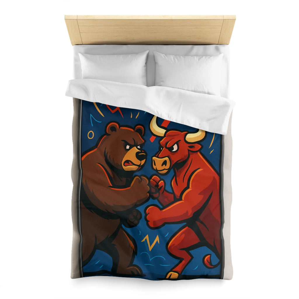 Housse de couette avec motif taureau et ours symbolisant les tendances du marché boursier