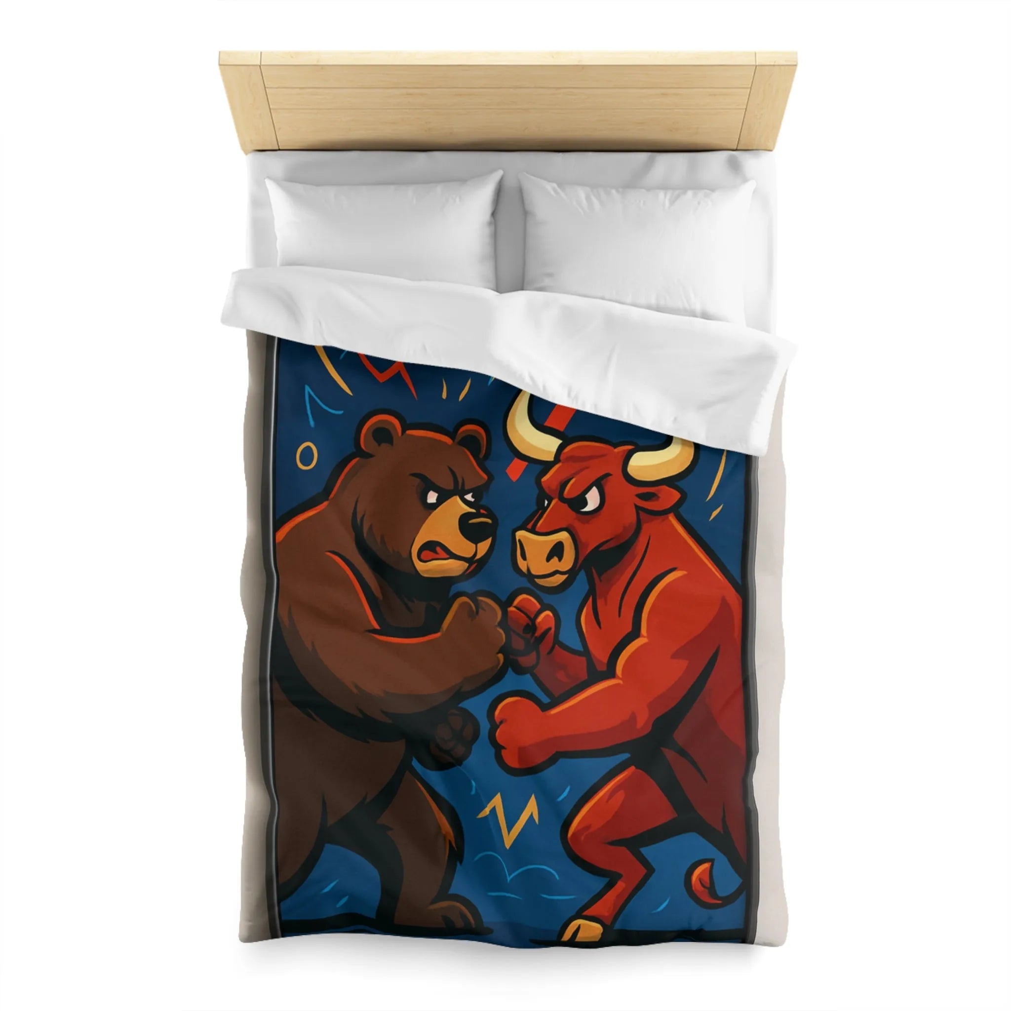 Housse de couette avec motif taureau et ours symbolisant les tendances du marché boursier