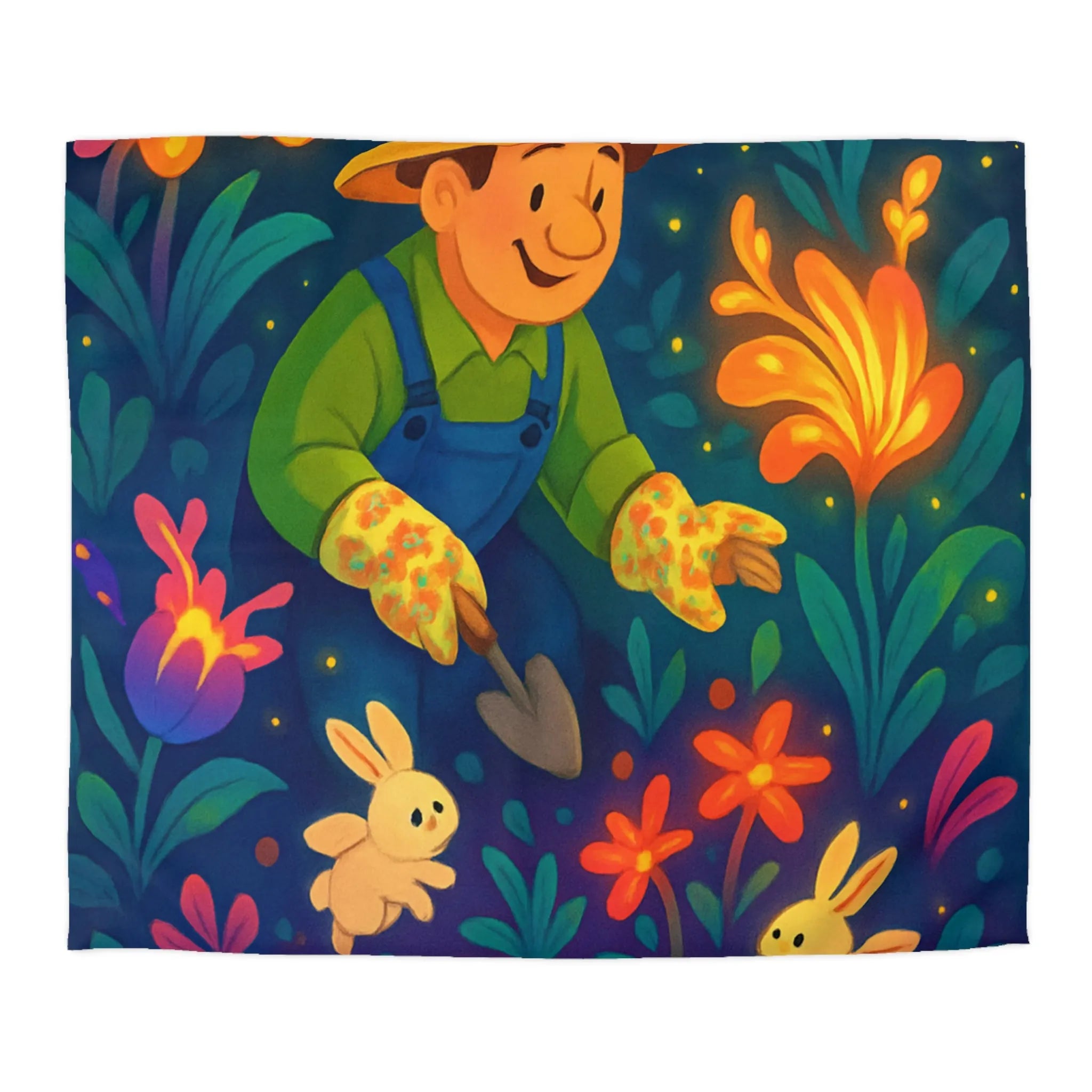 Découvrez la magie au jardin nocturne avec lapins et fleur de nénuphar lumineuse