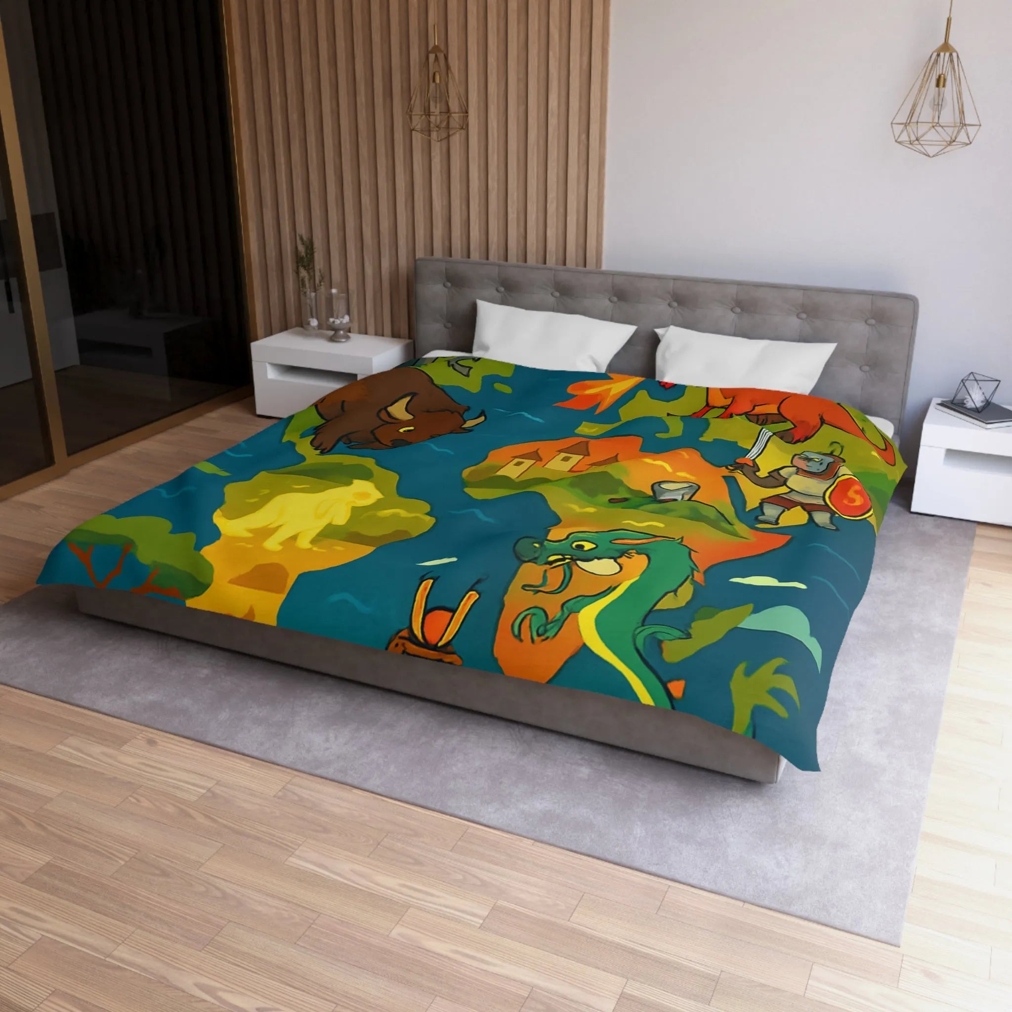 Housse de couette épique avec dragons, samouraïs et créatures légendaires au style coloré.