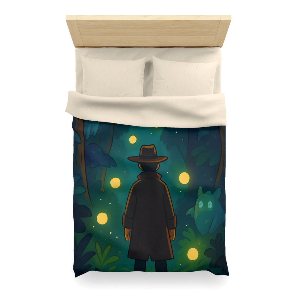 Housse de Couette Forêt Mystique avec Créatures Lumineuses et Promeneur en Chapeau
