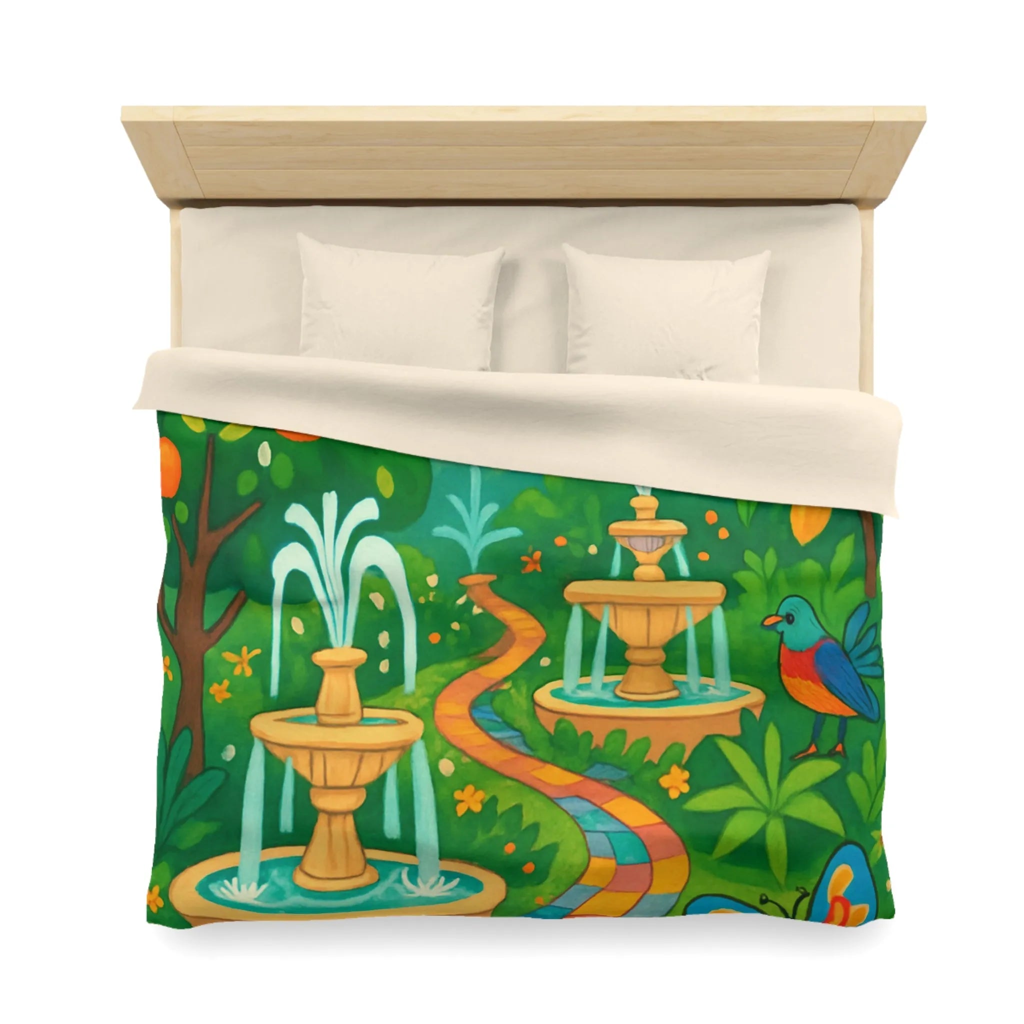 Housse de couette colorée avec oiseaux et fontaines dans jardin tropical vibrant