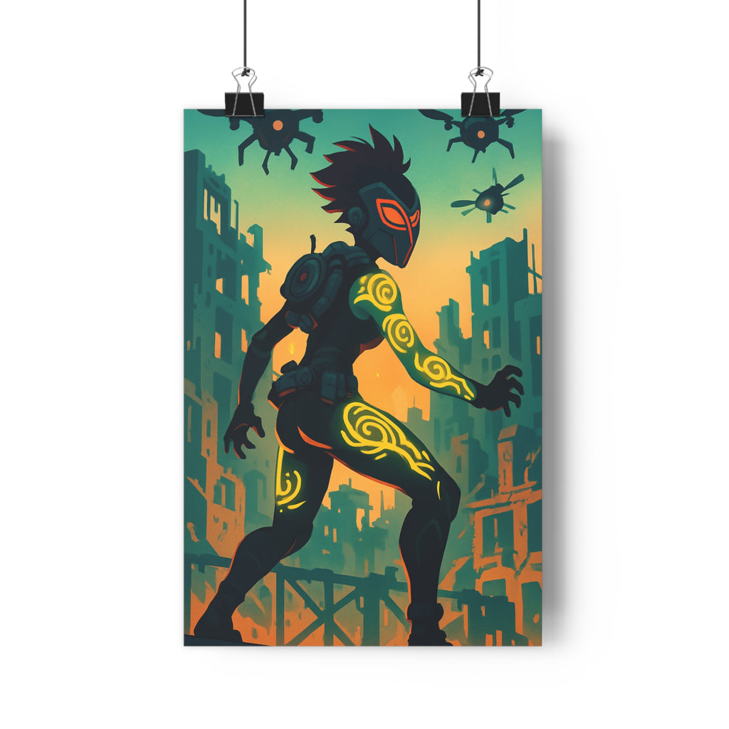 Poster décoratif moderne jaune vert apocalyptique urbain chambre salon futuriste intense mystérieux vibrant ambiance