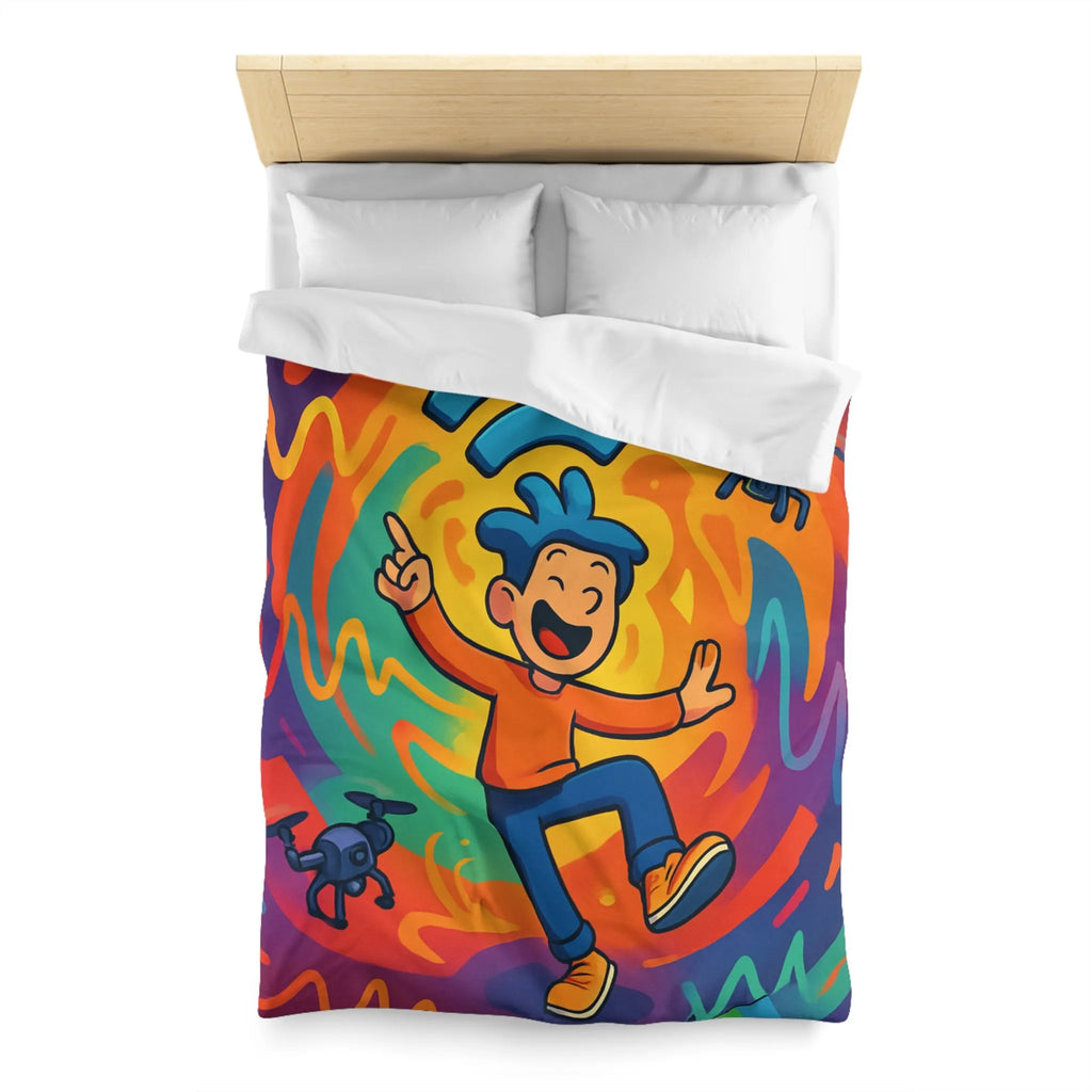 Housse de couette colorée avec personnage joyeux et drones volants autour des ondes