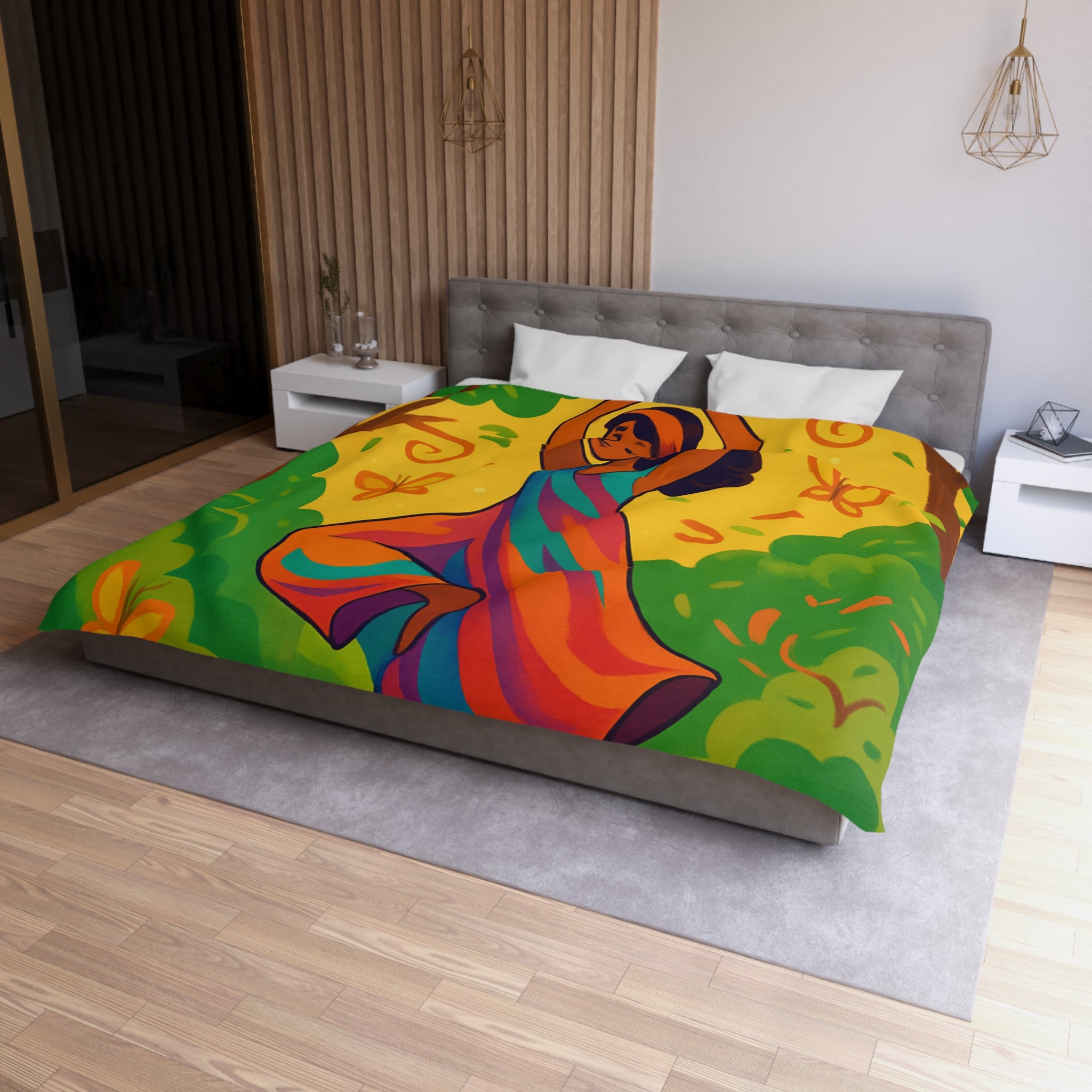 Housse de couette avec illustration apaisante d'une jeune femme méditant en nature
