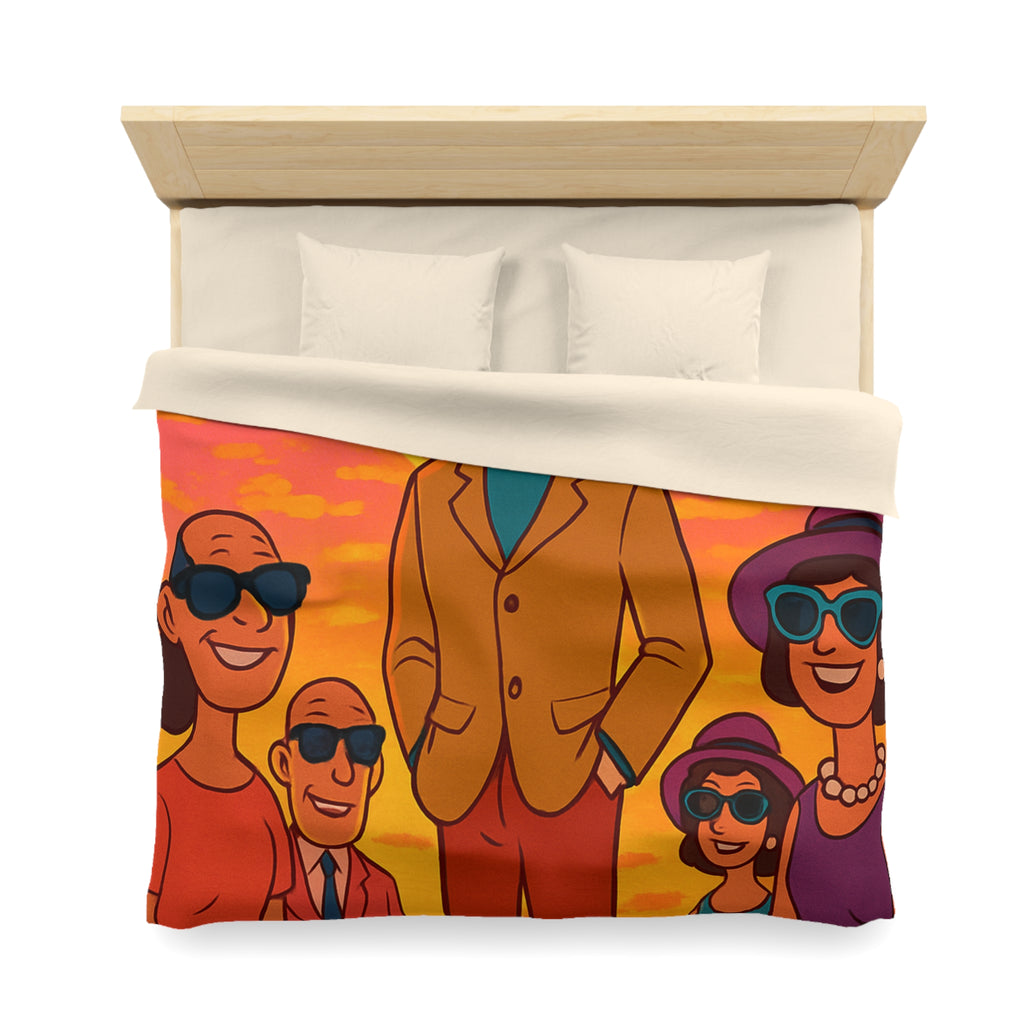 Motifs colorés hexagonaux vibrant avec personnages stylisés dans un paysage ensoleillé unique