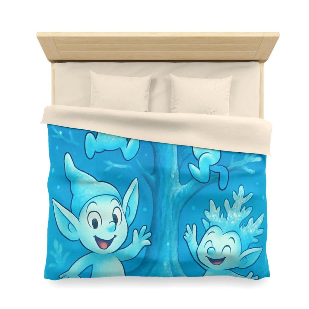 Housse de couette féerique avec lutins bleus dans forêt enchantée hivernale et magique