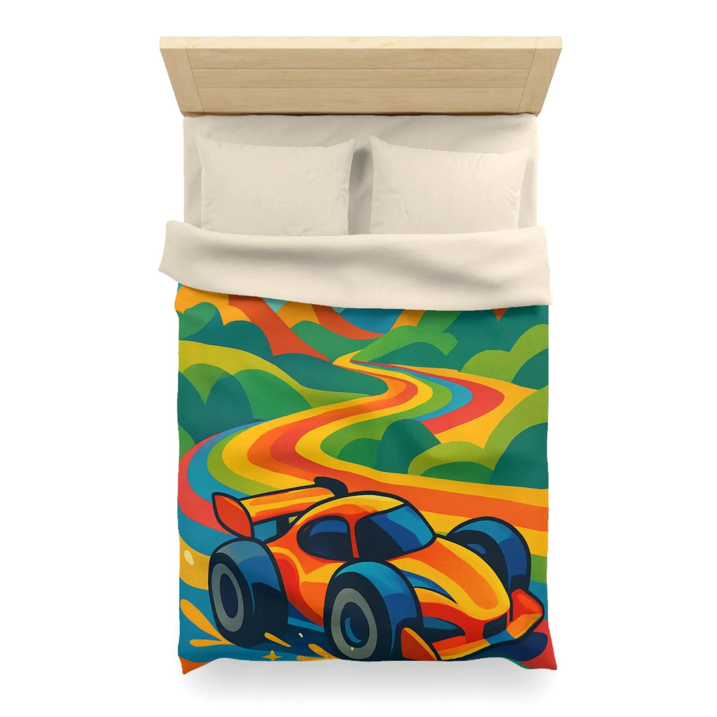 Housse de Couette Colorée avec Voiture de Course et Collines Arc-en-ciel Ensoleillées