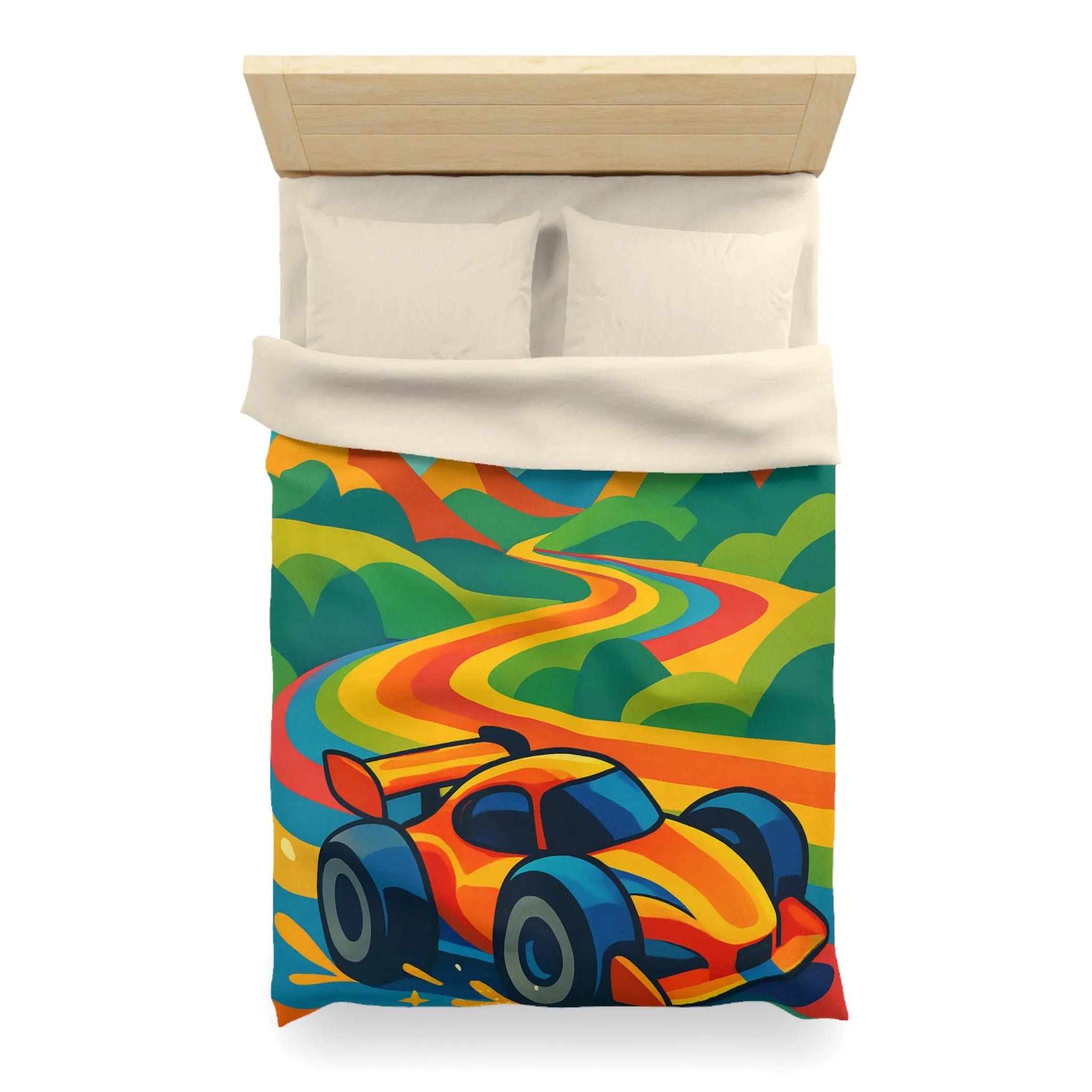 Housse de Couette Colorée avec Voiture de Course et Collines Arc-en-ciel Ensoleillées