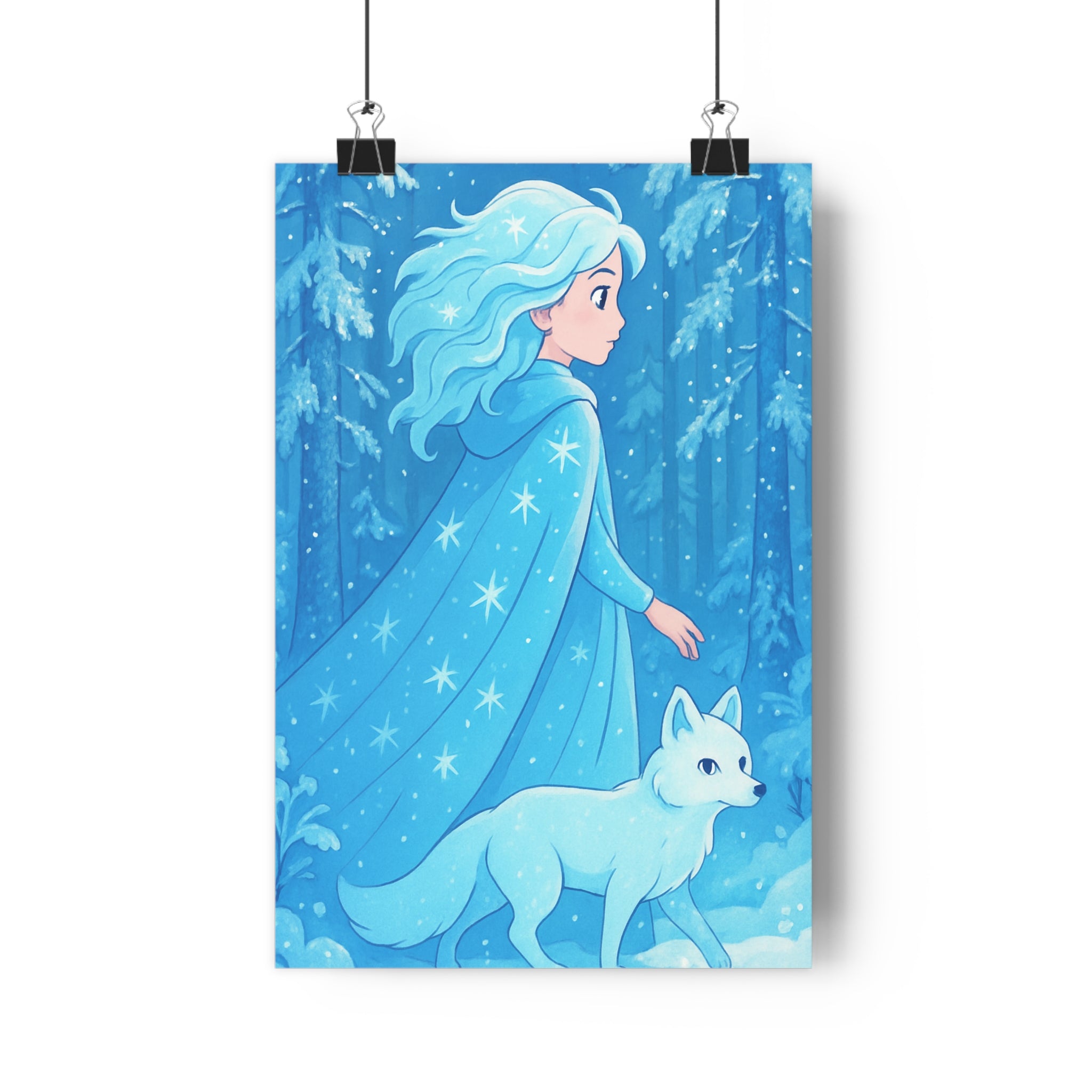 Poster décoratif enfant féerique bleu neige dessin animé magique forêt chambre aventure style 30x46