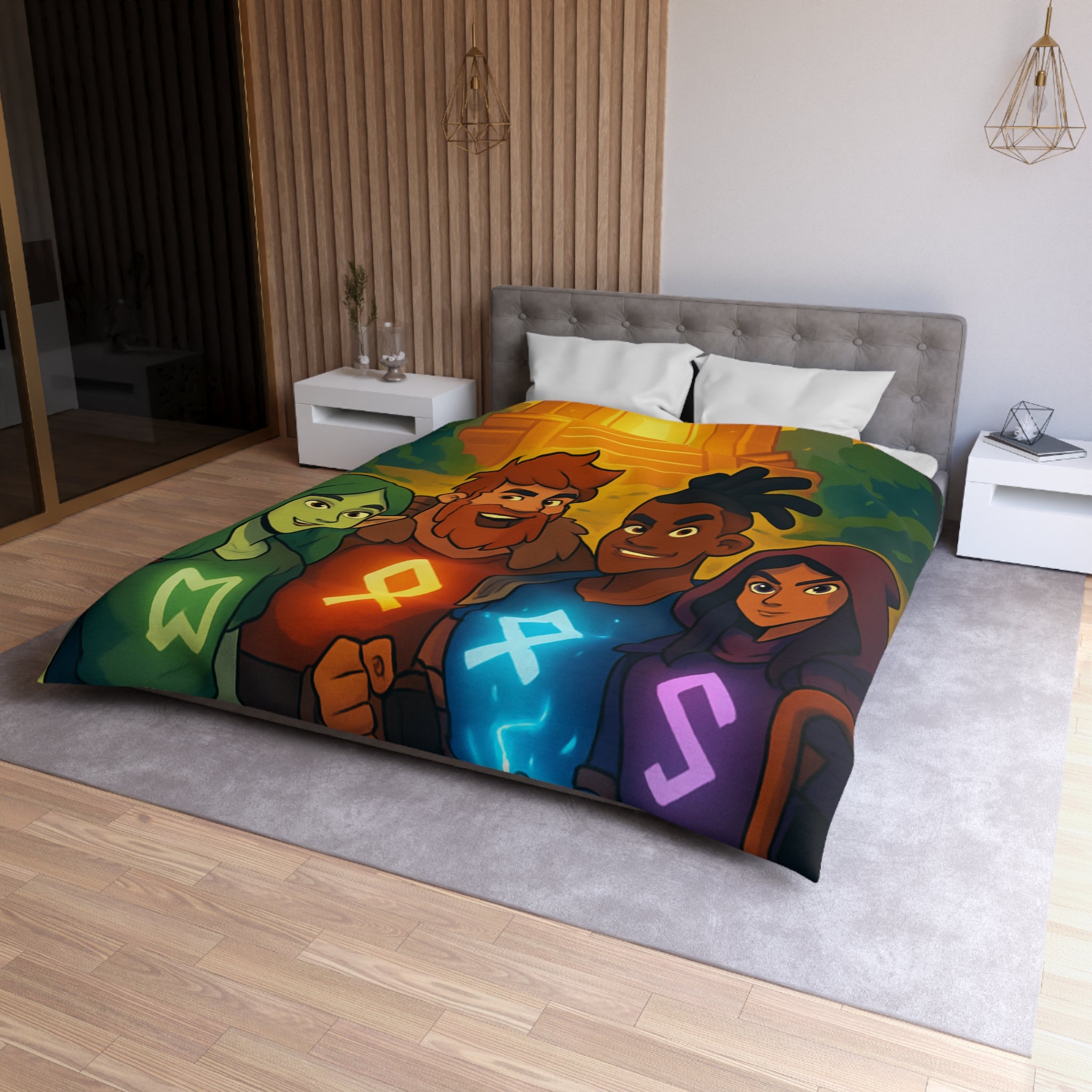 Housse de couette vibrant avec aventure illustrée de quatre héros devant un ancien temple