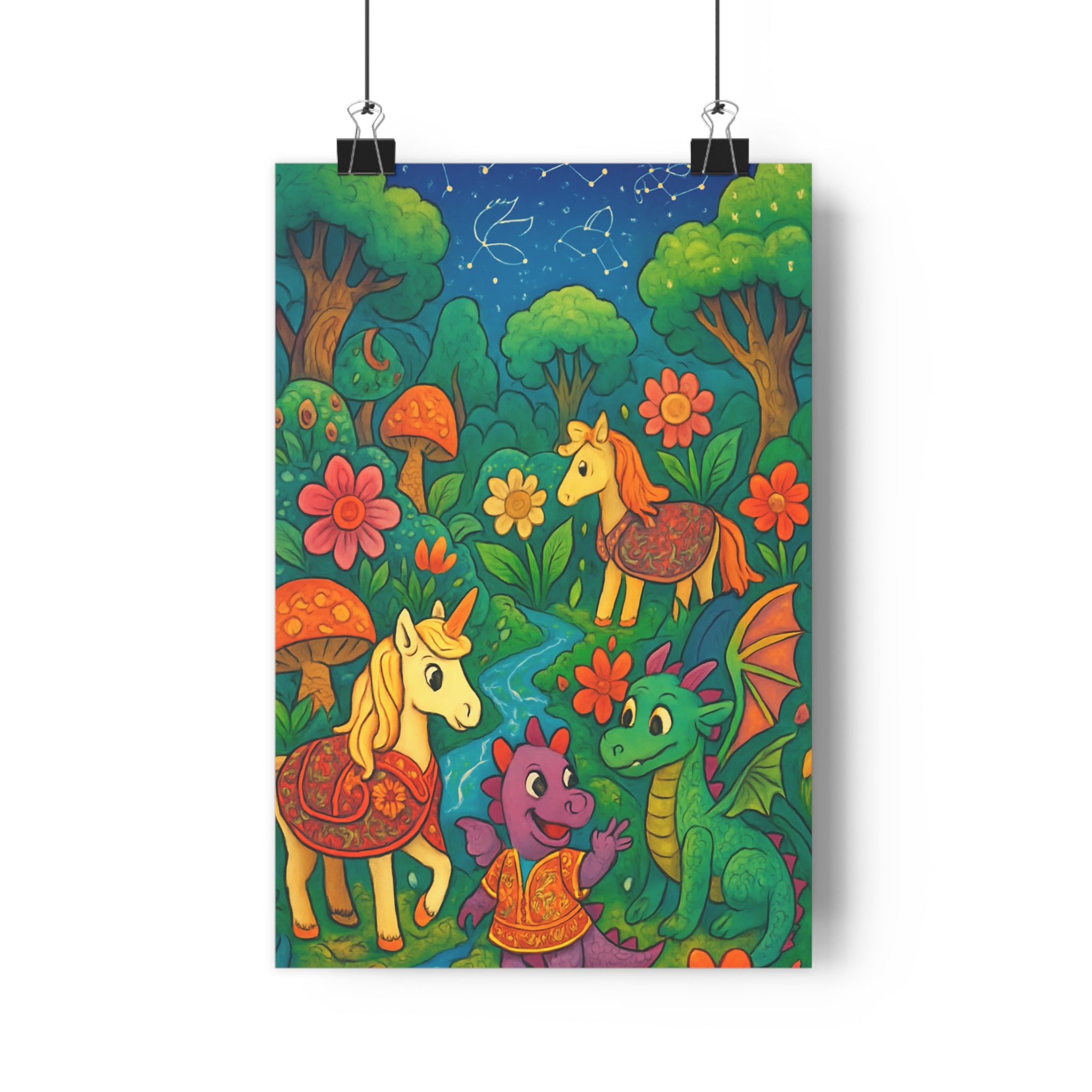 Poster décoratif fantaisie magique licorne dragon chevaux coloré mystique chambre enfant vibrant unique ambiance