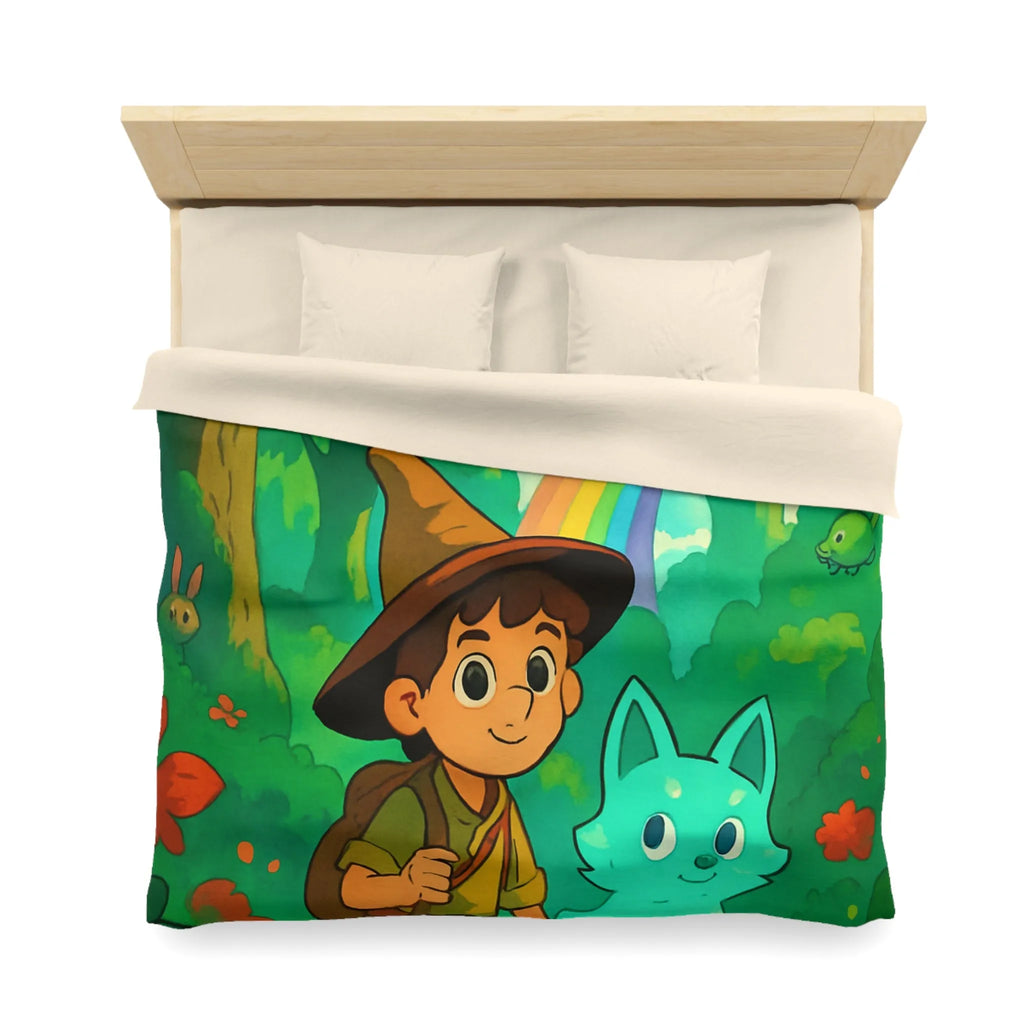 Housse de Couette Enfant avec Petit Sorcier et Animal Magique sous Arc-en-ciel