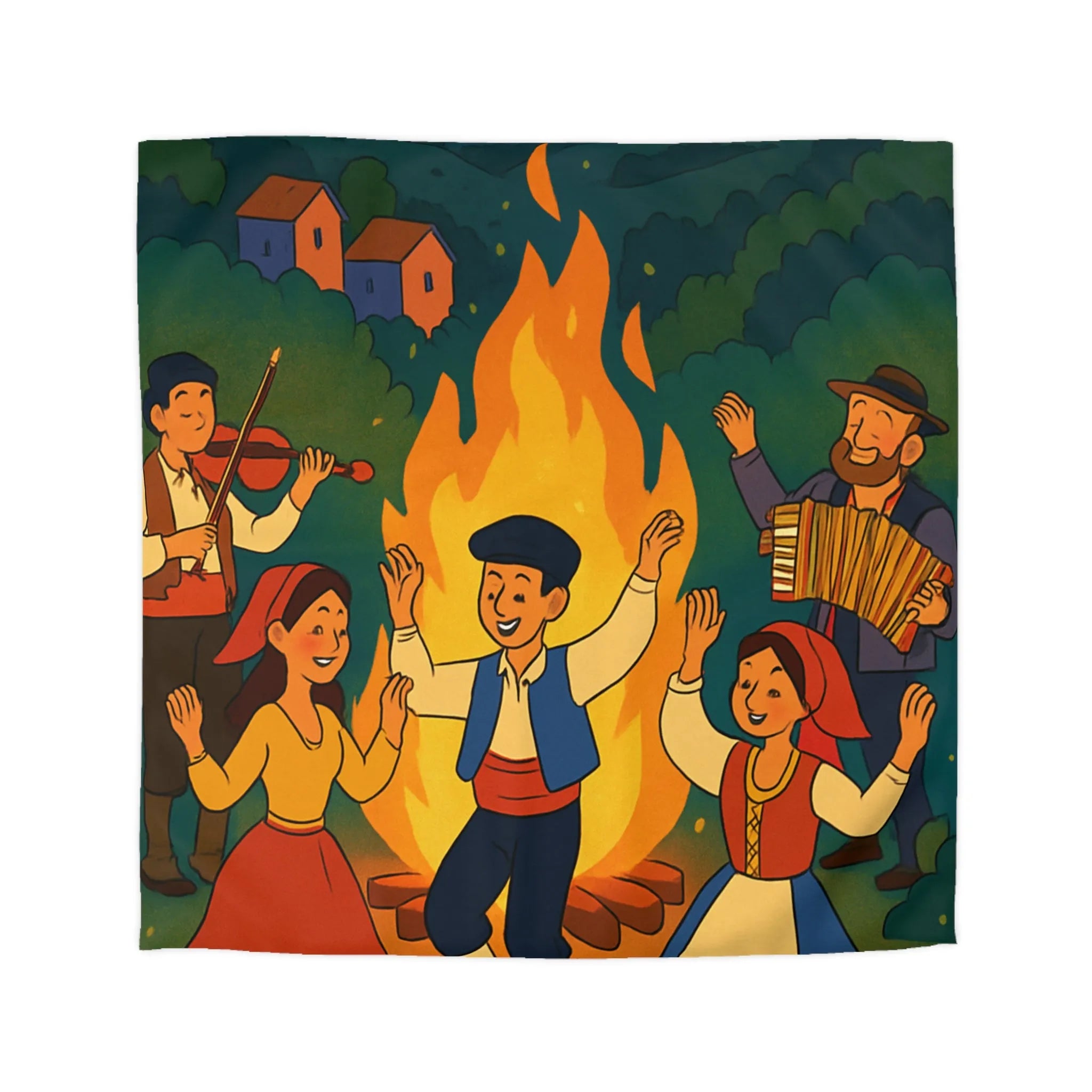 Housse de couette colorée danse folklorique autour du feu avec musiciens traditionnels