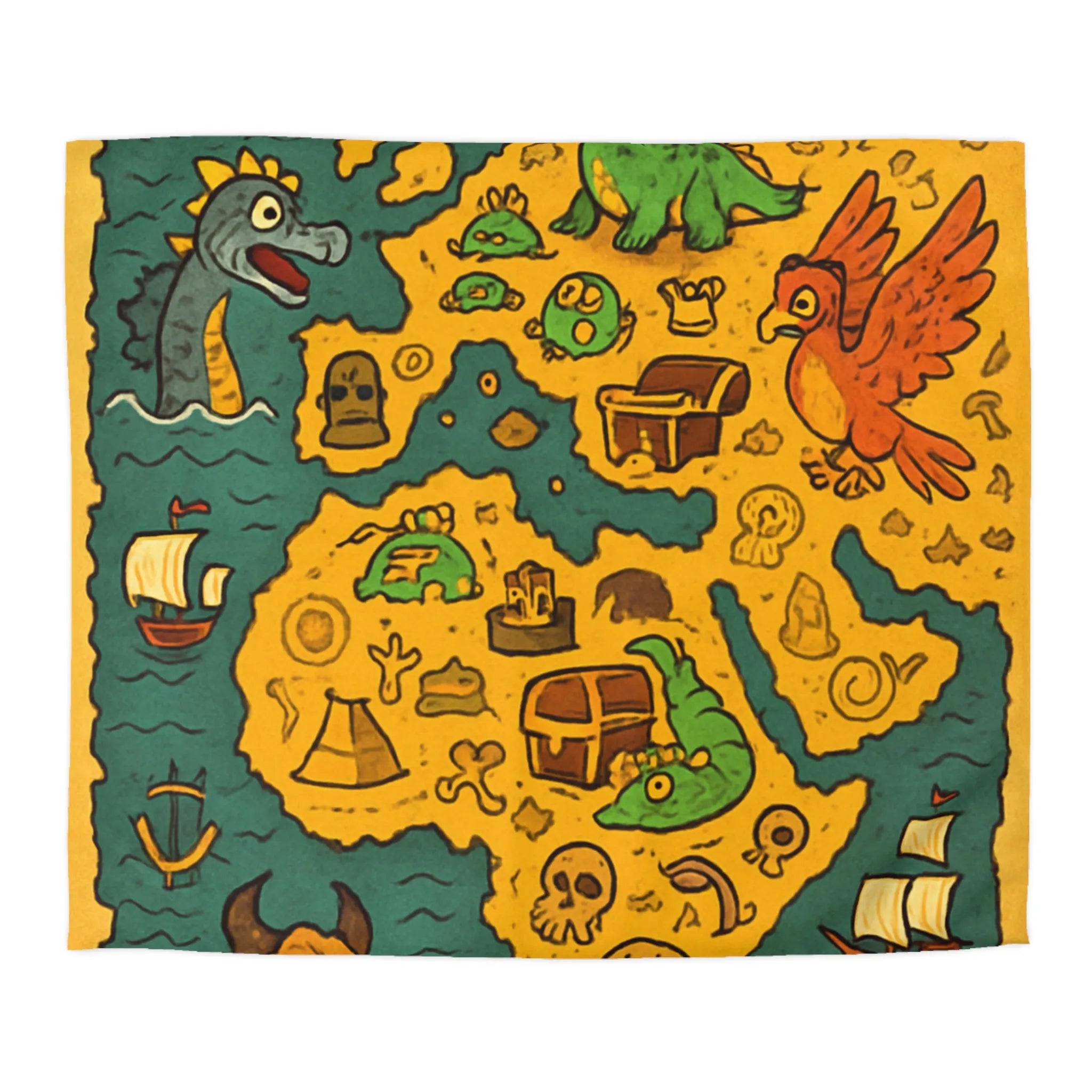 Housse de couette carte imaginaire avec dragons, dinosaures et trésors pour enfants aventuriers