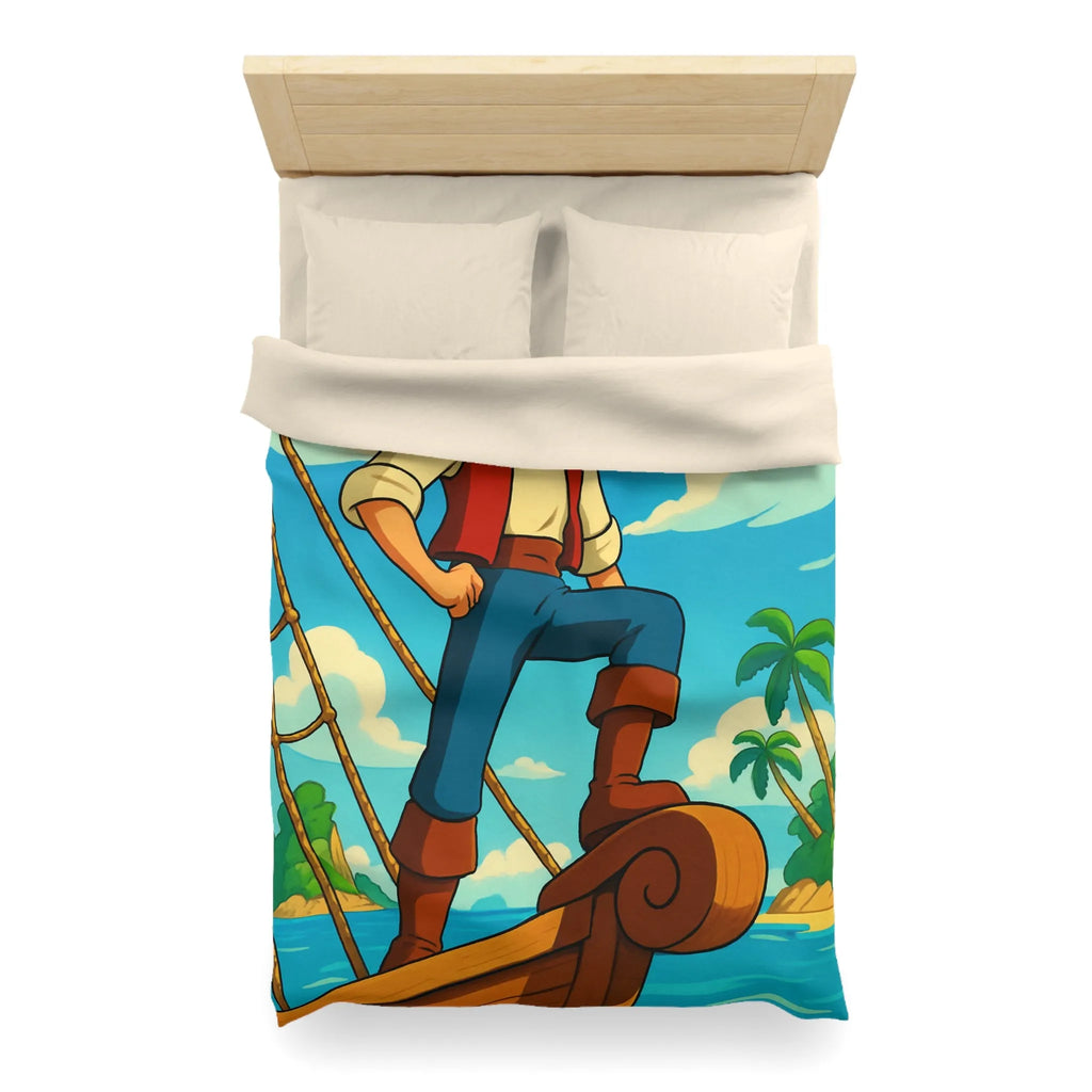 Housse de couette avec illustration de marin aventurier naviguant parmi palmiers et mer azur