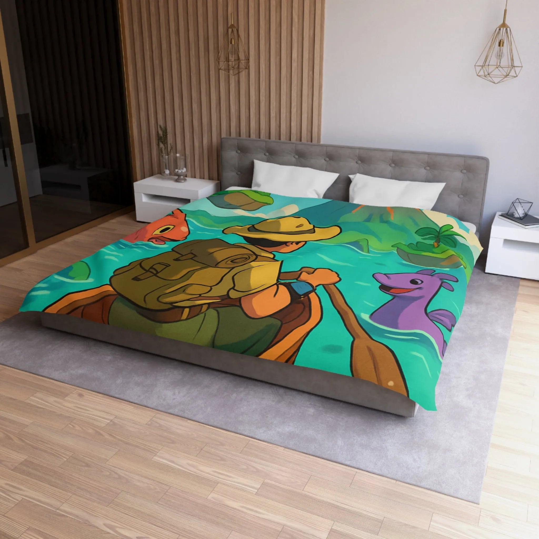 Housse de couette île volcanique exotique avec aventurier et créatures marines colorées