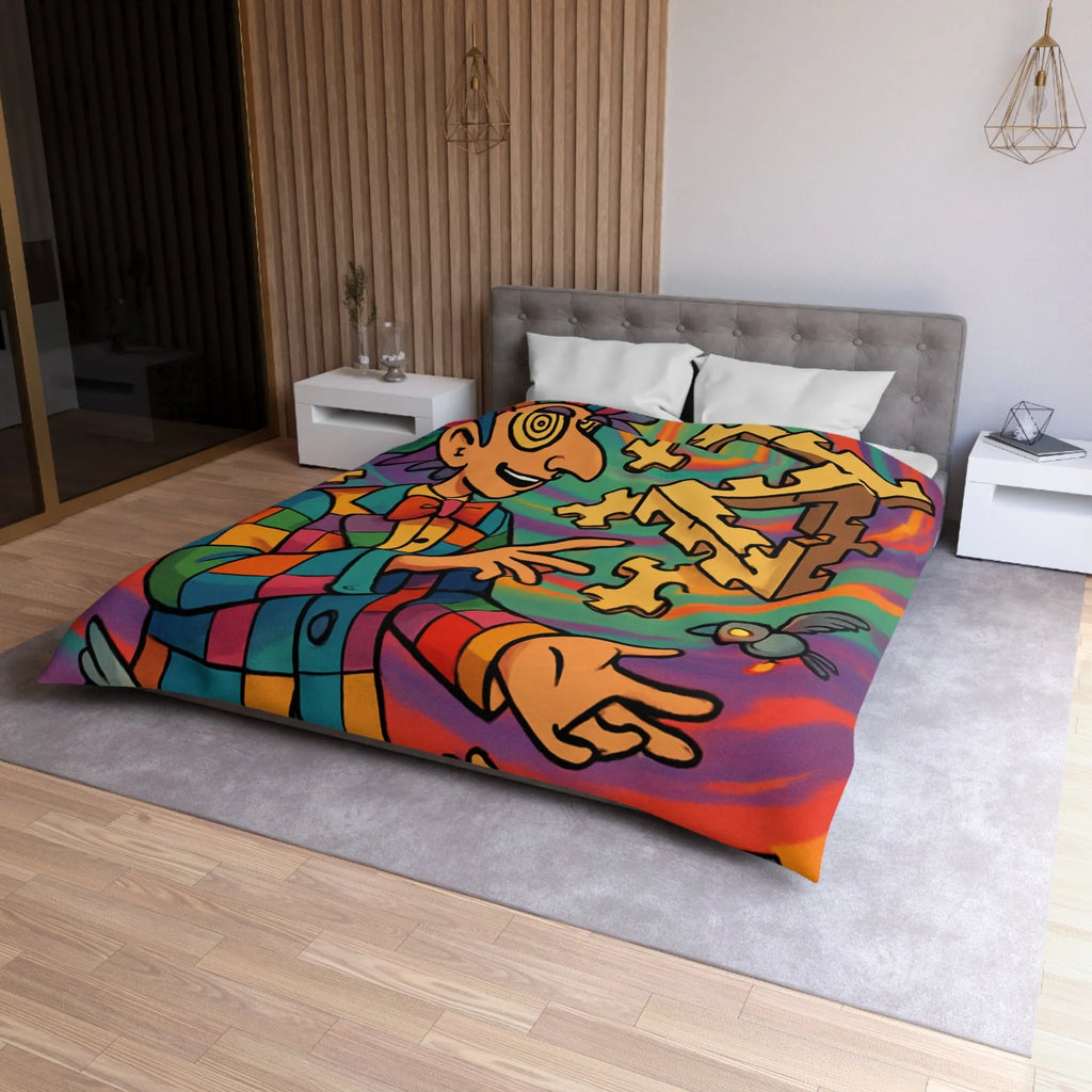 Housse de couette colorée avec illusion d'optique géométrique et motif de clown vibrant