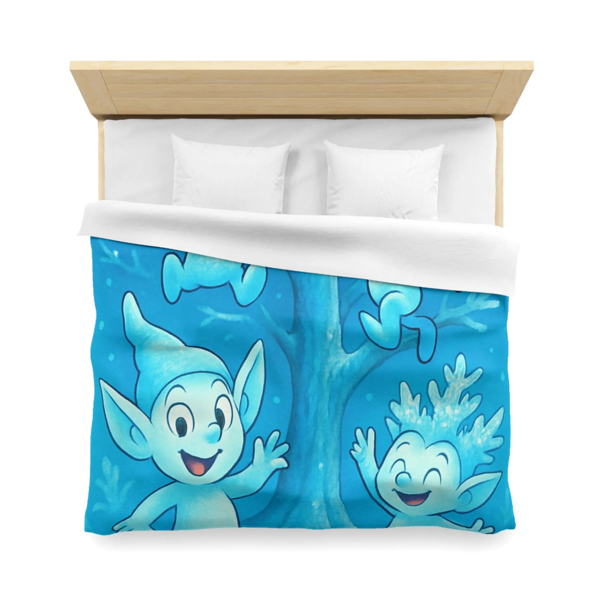 Housse de couette féerique avec lutins bleus dans forêt enchantée hivernale et magique