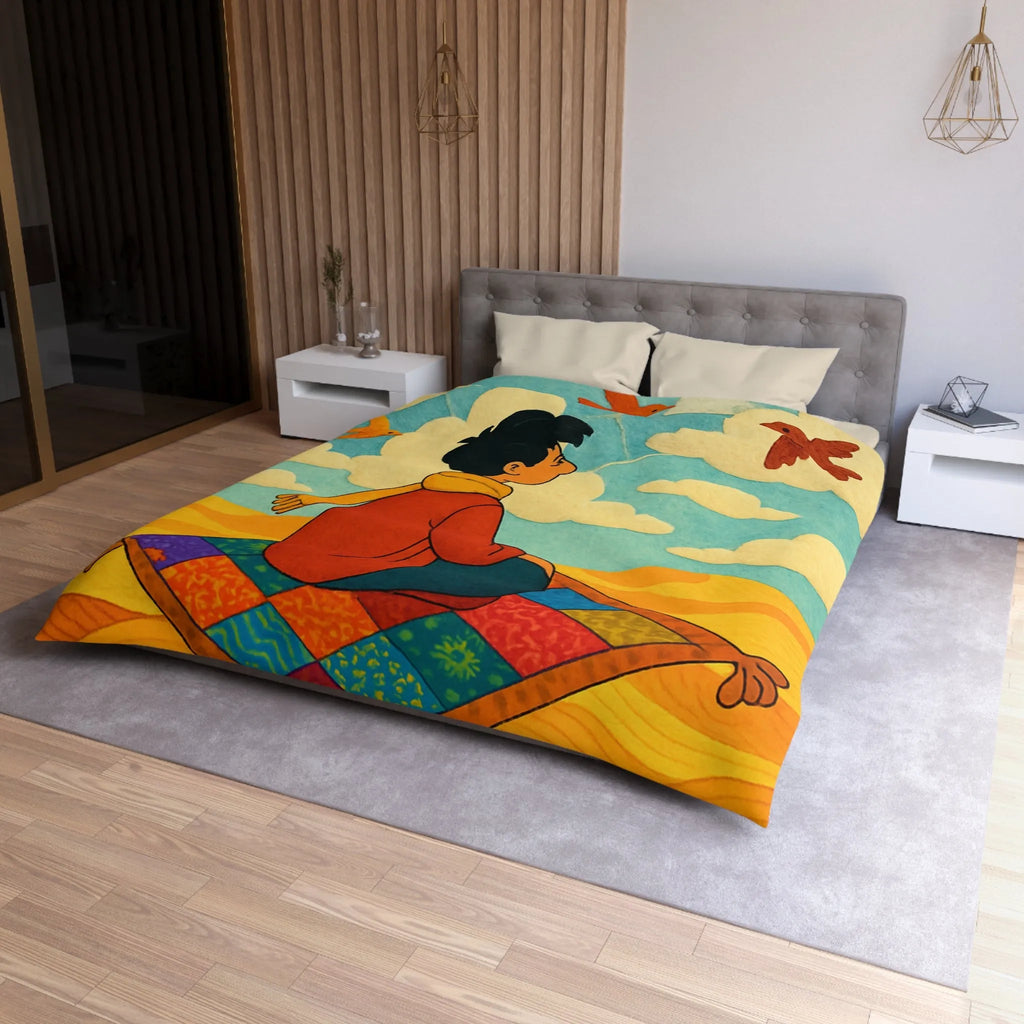 Housse de couette magique avec tapis volant et oiseaux colorés dans le ciel