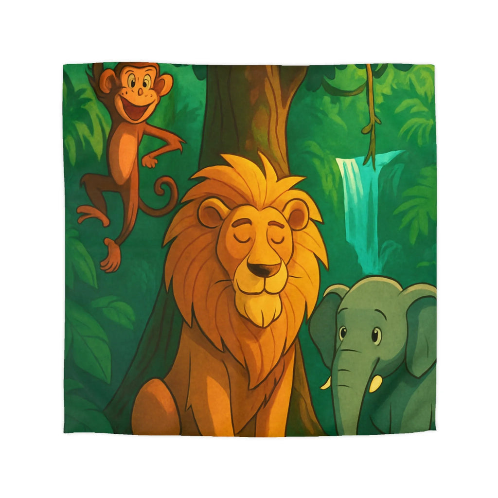Housse de Couette Jungle Enchantée avec Lion, Singe, Éléphant et Chute d’Eau Magique