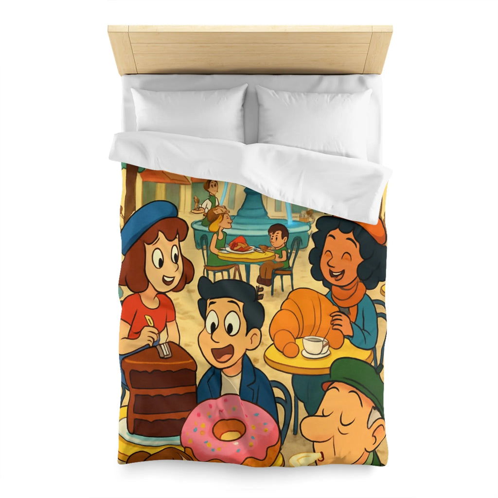 Housse de Couette Illustrée Café Parisien Déjeuner en Plein Air Ambiance Automnale Colorée