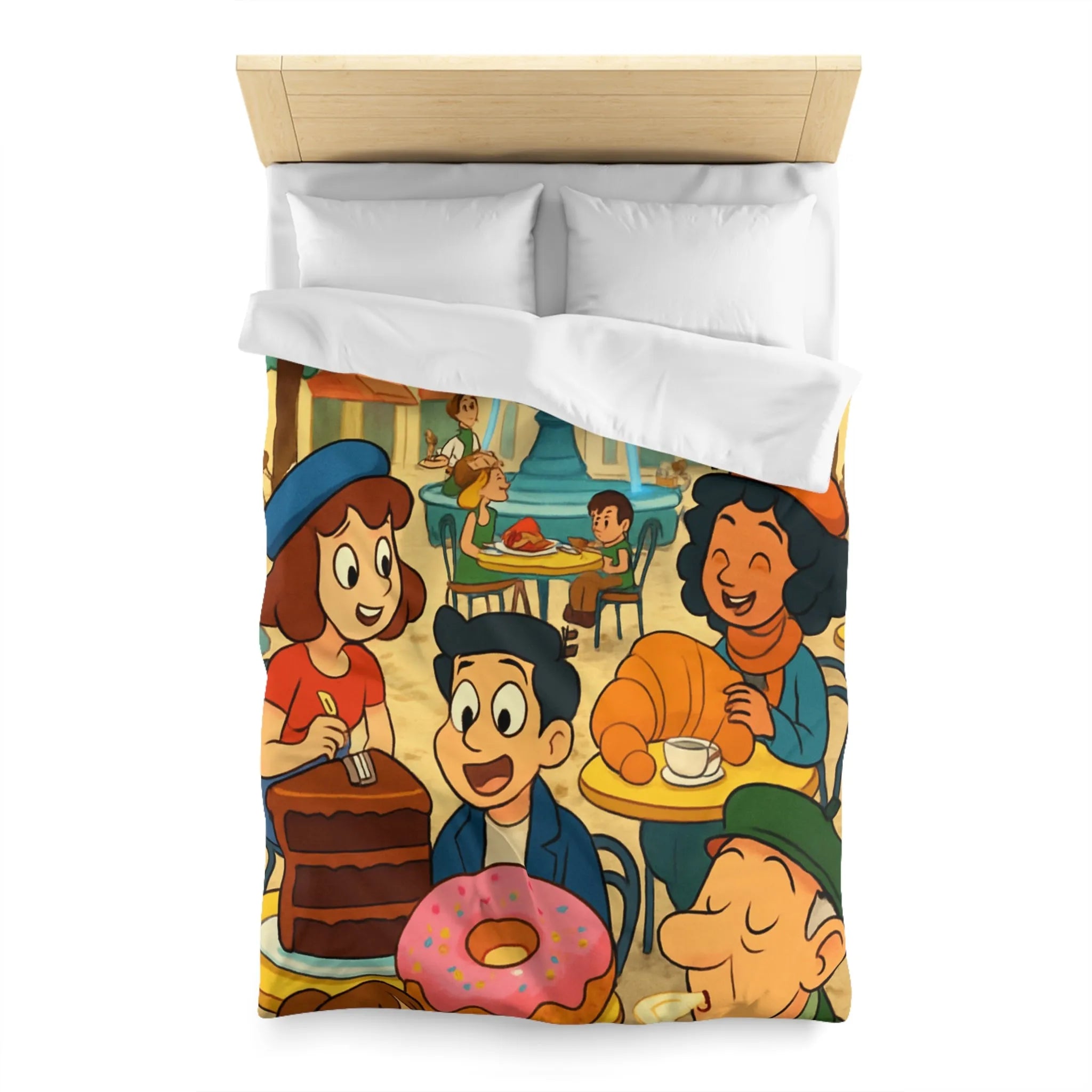 Housse de Couette Illustrée Café Parisien Déjeuner en Plein Air Ambiance Automnale Colorée