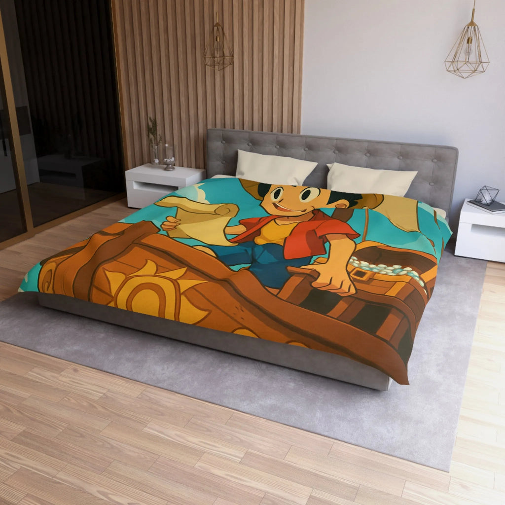 Douce housse de couette enfant motif pirate joyeux en bateau sur vagues bleues