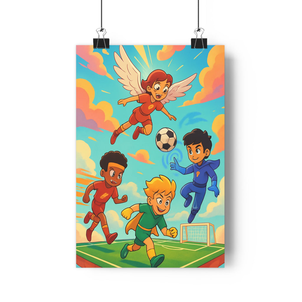 Poster décoratif enfants superhéros football rouge bleu vert jaune cartoon joyeux chambre dynamique énergique