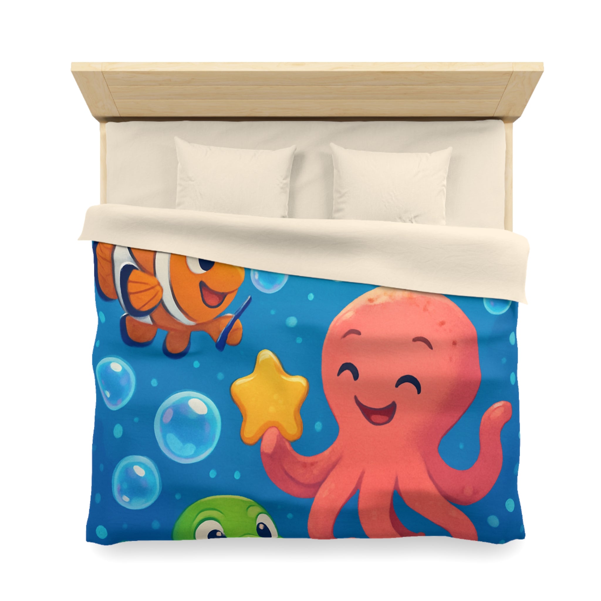 Housse de couette sous-marine avec pieuvre, dauphin, poisson clown et tortue joyeuse