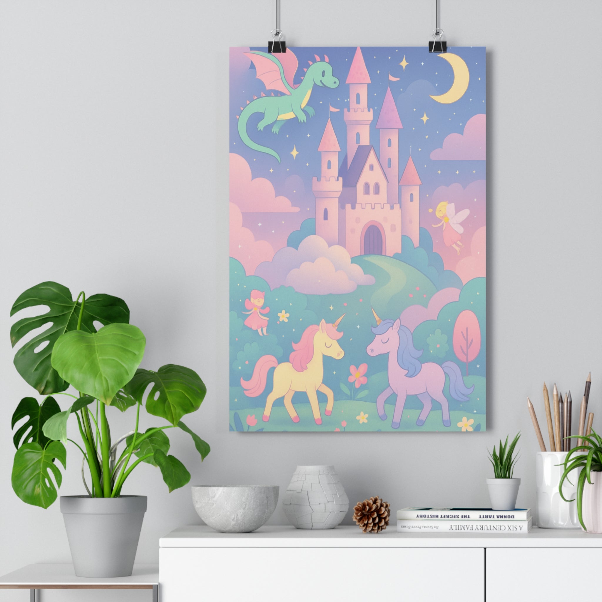 Poster décoratif conte fées royaume enchanté magique coloré pastel enfant chambre apaisant mur mural