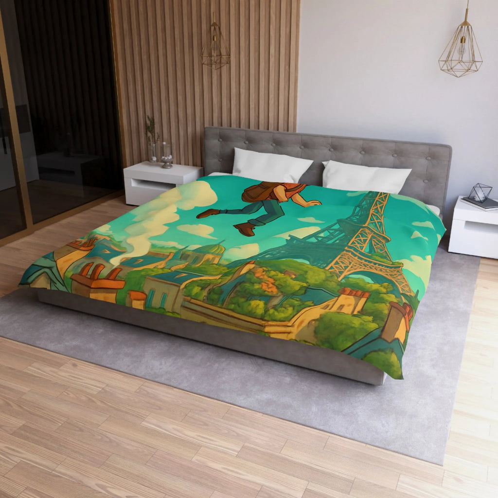 Enchanted Parisian Flight: Kid Floating Above Cityscape with Umbrella and Backpack